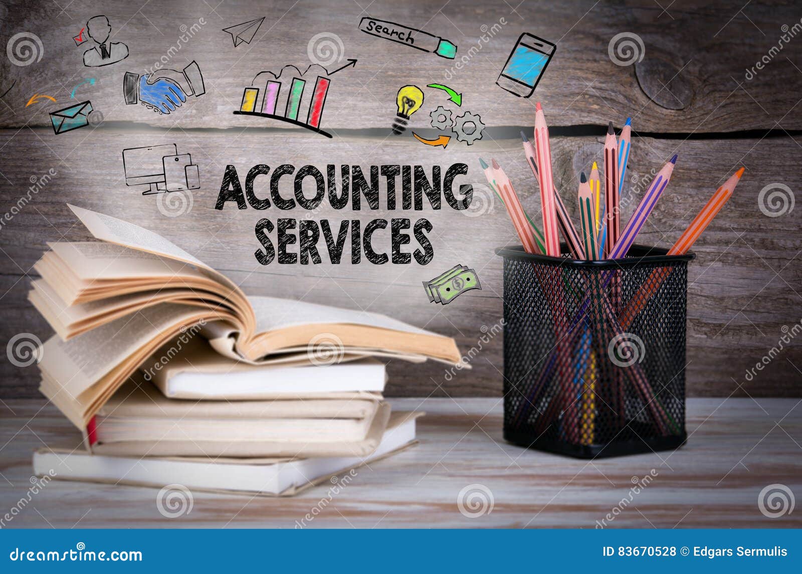 Accounting Services, Business Concept. Stack of Books and Pencils on