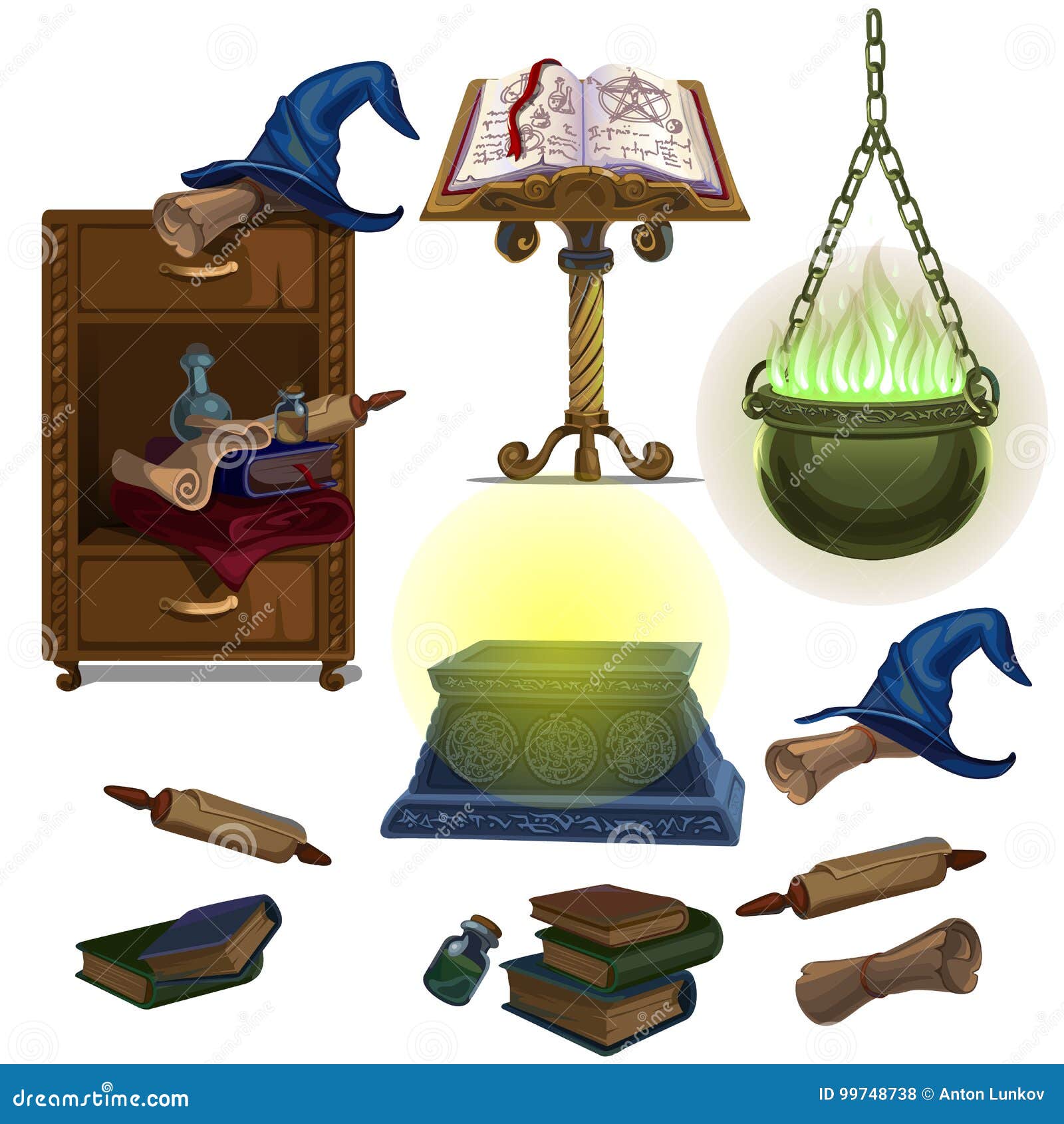 Acculite Ancient Manuscripts, Books, Pot with Potion, Witch Hat