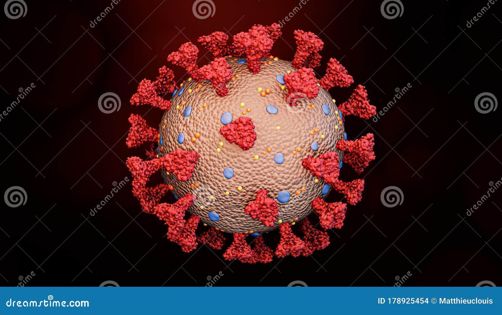 accurate scientific render of a coronavirus cell like covid or a flu virus structure with spikes glycoprotein, m proteins, e