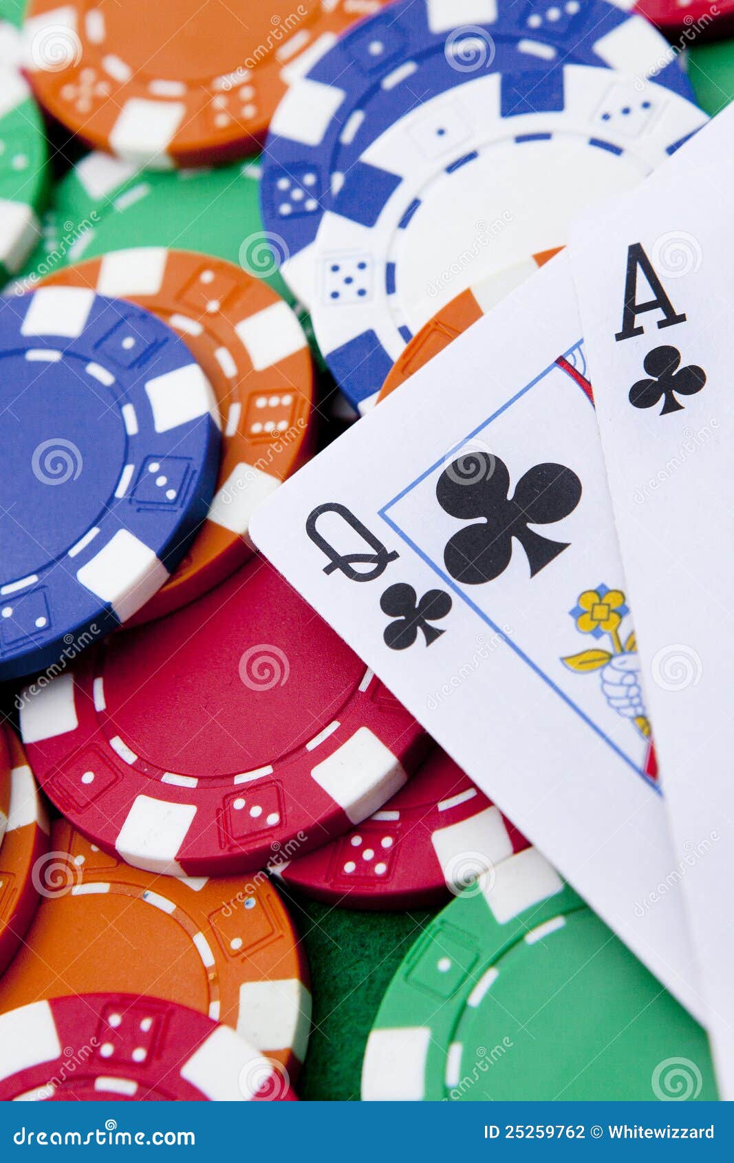 Ace and Queen with Poker Chips in Background. Stock Photo Image of