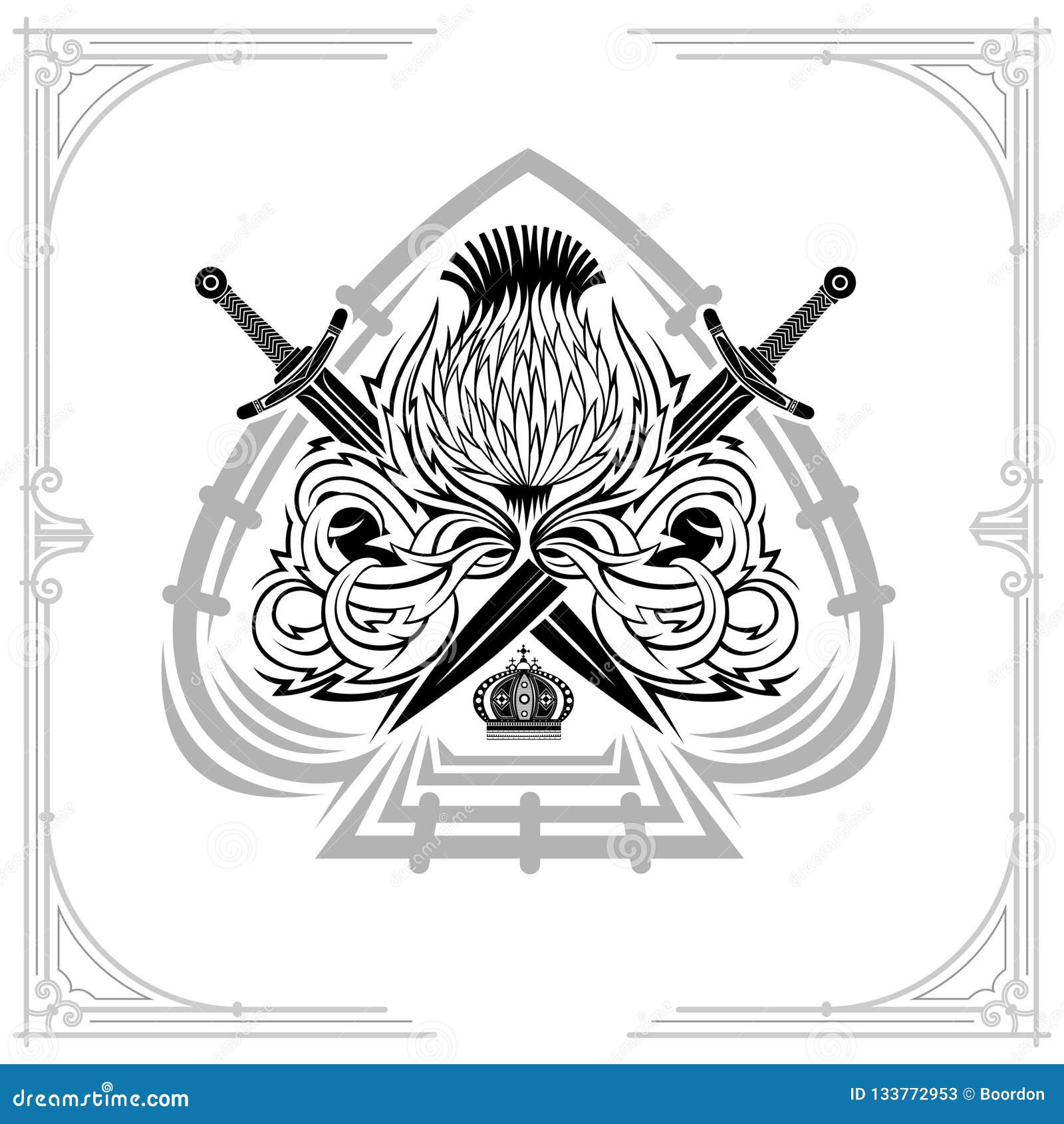 Ace of Spades Form with Thistle Floral Pattern and Crossed Swords