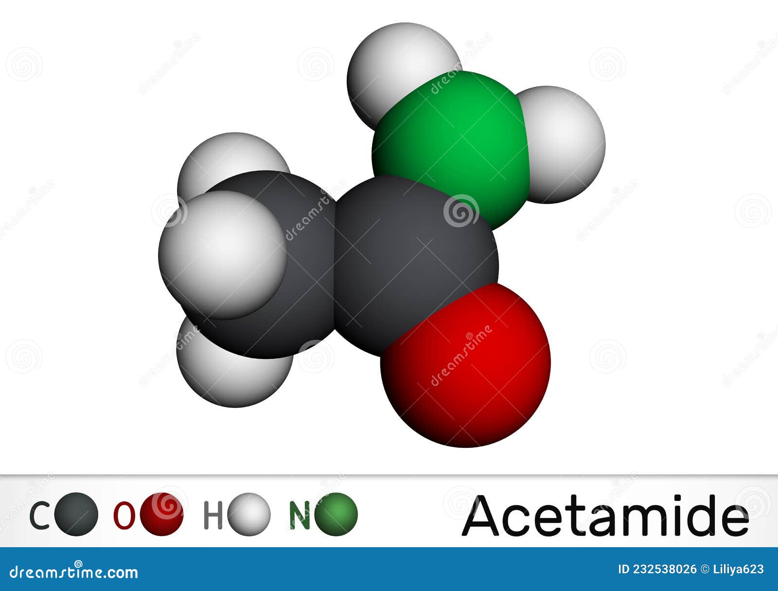 acetamide, ethanamide molecule. it is a monocarboxylic acid amide. molecular model. 3d rendering