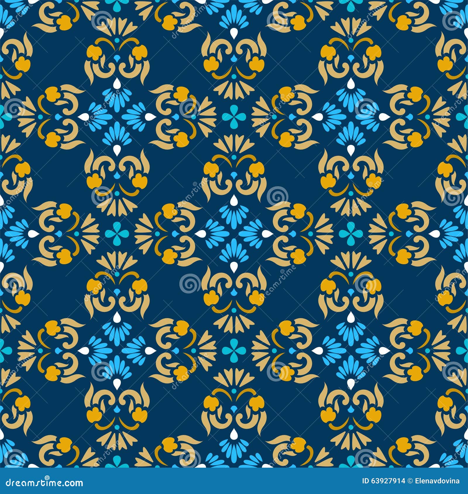 Achtergrond, Blauw, Naadloos Patroon Met Blauwe En Gouden Bloemen ...