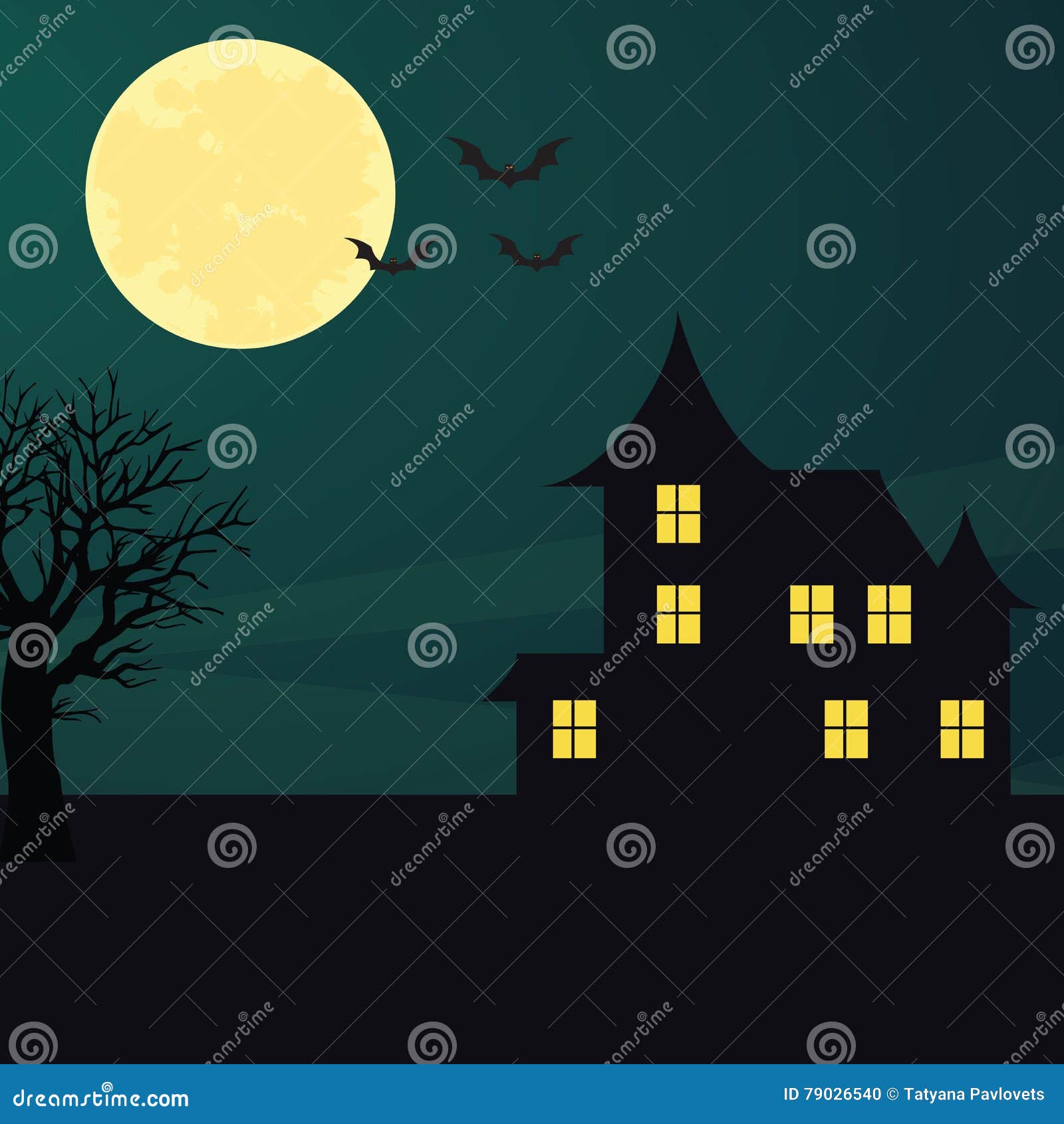 Achtergrond met maan nacht Halloween. Bloemiris, lilac bloemblaadjes en groene bladeren, op een gele cirkel Vector
