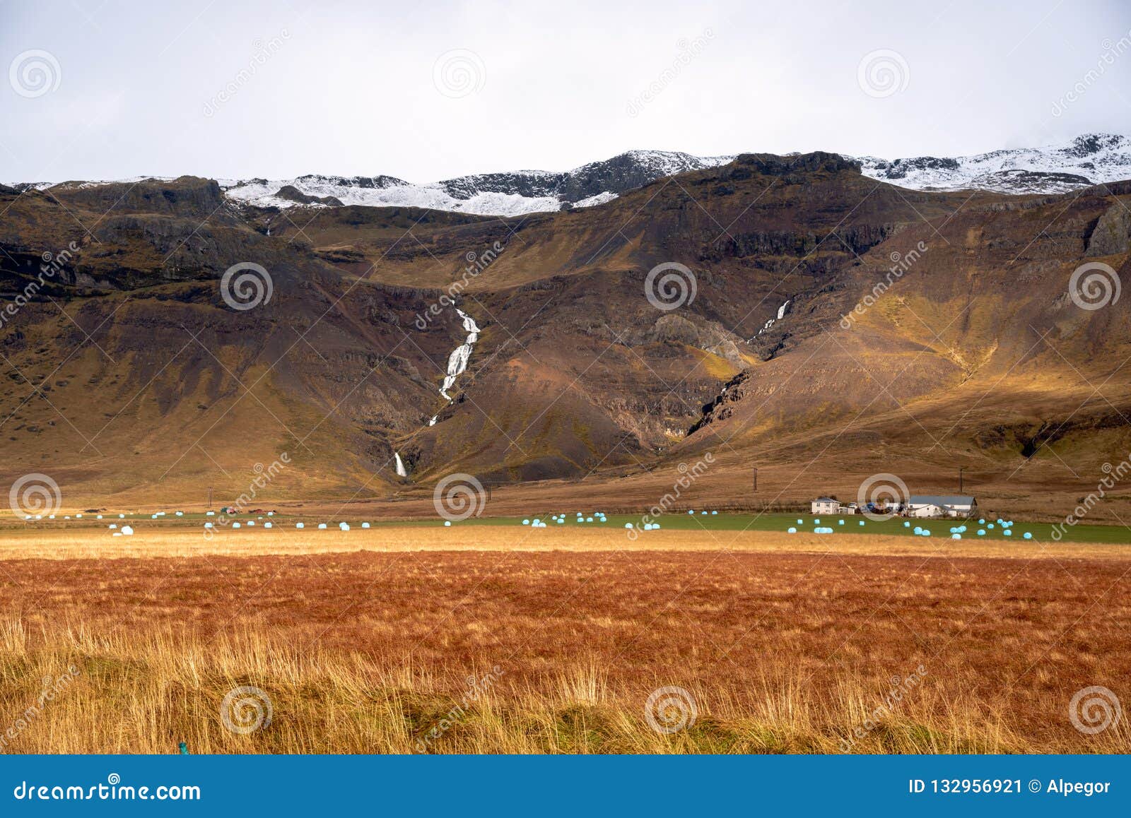 Ackerland punktiert mit eingewickeltem Hay Bales an der Unterseite von majestätischen Bergen. Ländliche Landschaft mit einem Bauernhof am Fuß Schnee bedeckte Berg mit den Wasserfällen mit einer Kappe, die hinunter den Bergabhang, Landschaft von Island auf bewölkten Autumn Day kaskadieren