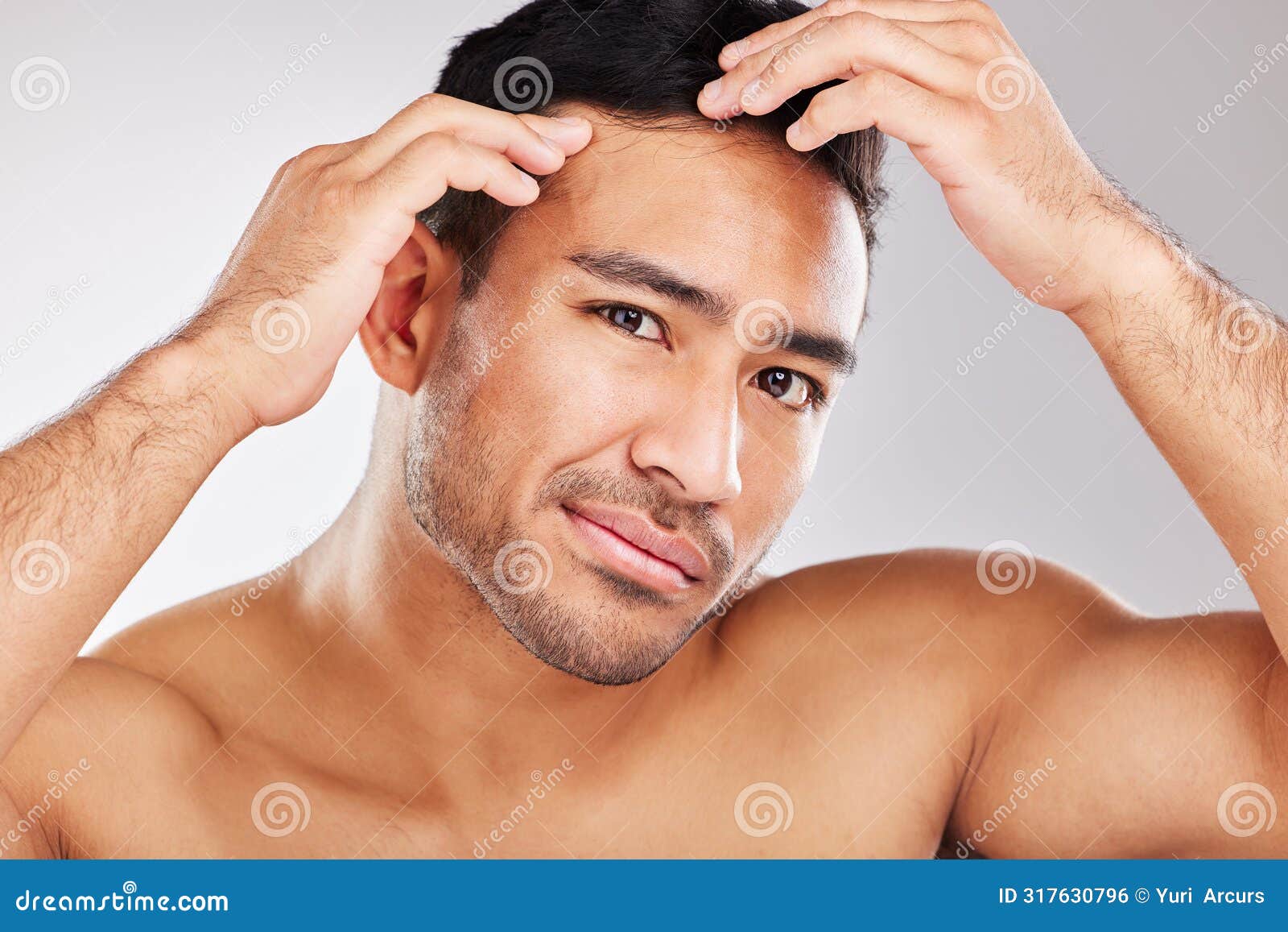 acne, pimple and portrait of natural man in studio on white background for inspection or skincare. beauty, blemish and