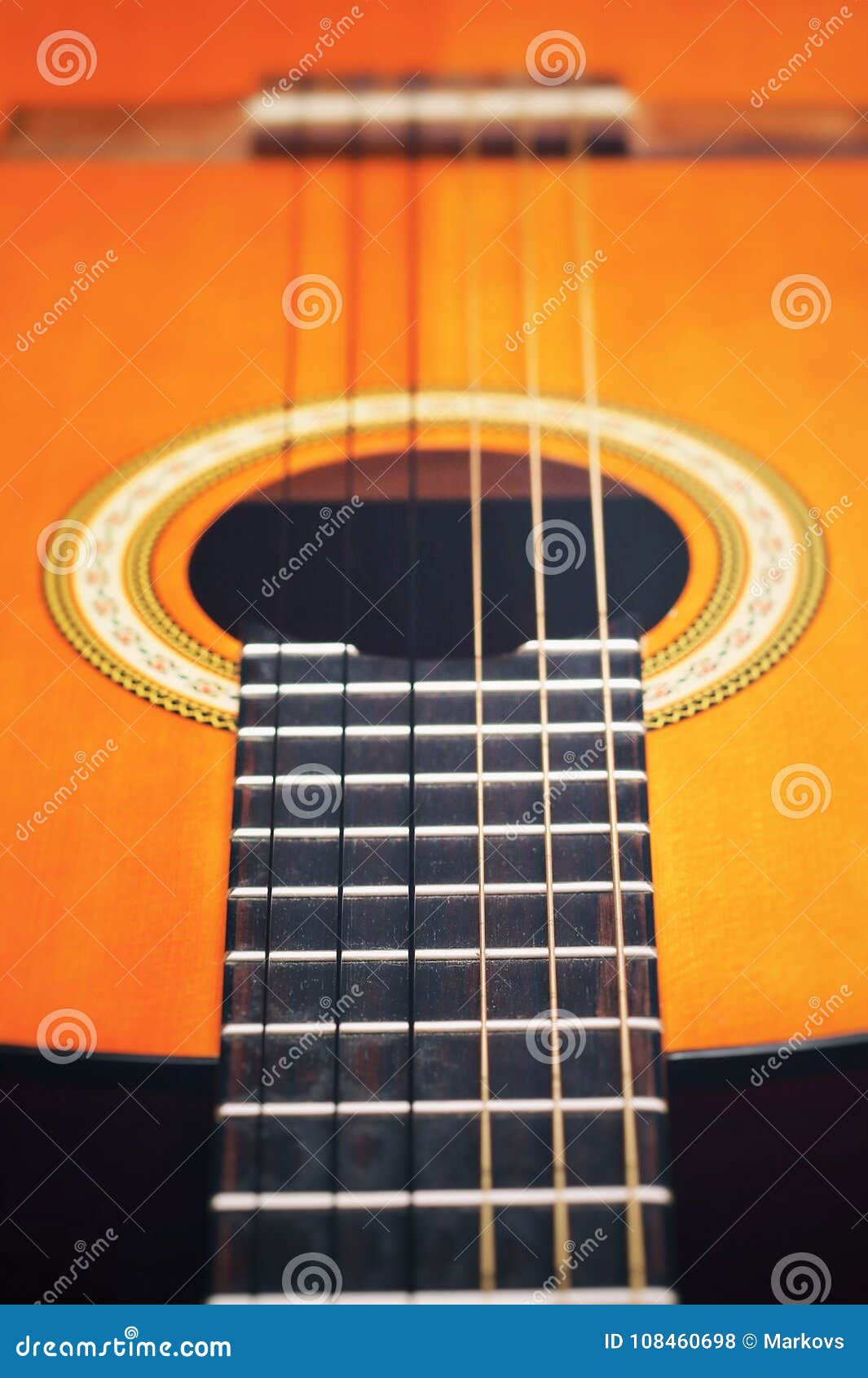 Acoustic Classical Guitar Strings. Theory of Strings on an Example of a Guitar. Stock Photo