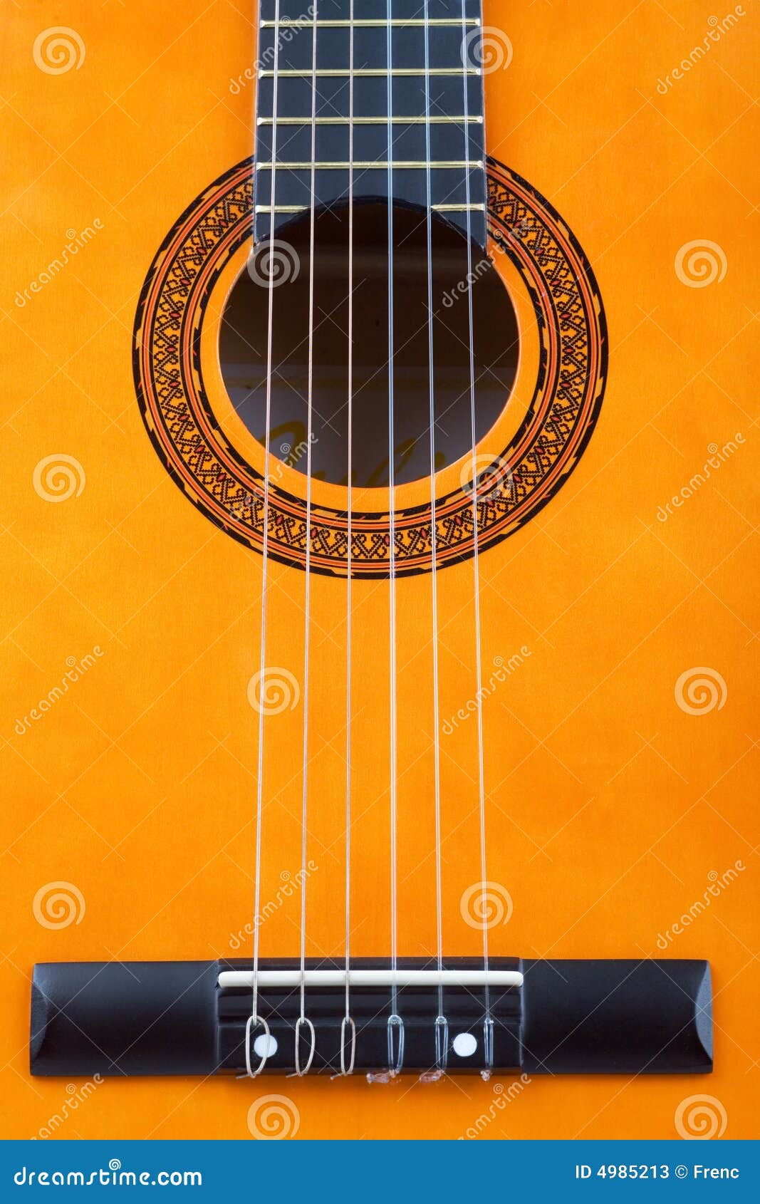 Acoustic guitar bridge and strings close up