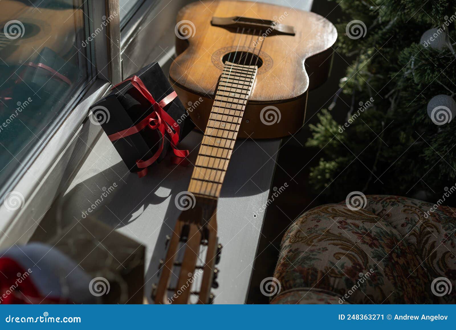 Acoustic Guitar. Christmas Gift with Space for Text Stock Image Image