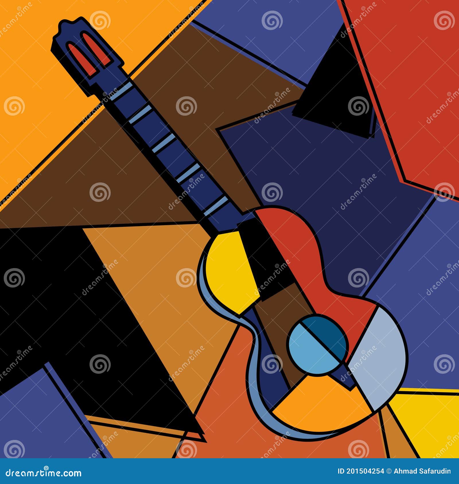 an acoustic guitar cubist surrealism painting modern abstract . a musical instrument. abstract colorful music. cubism