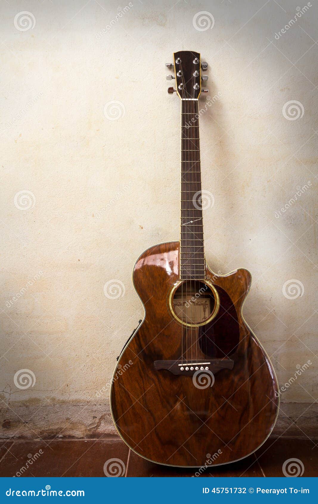 Acoustic Guitar with Grunge Texture Wall. Stock Photo - Image of blues