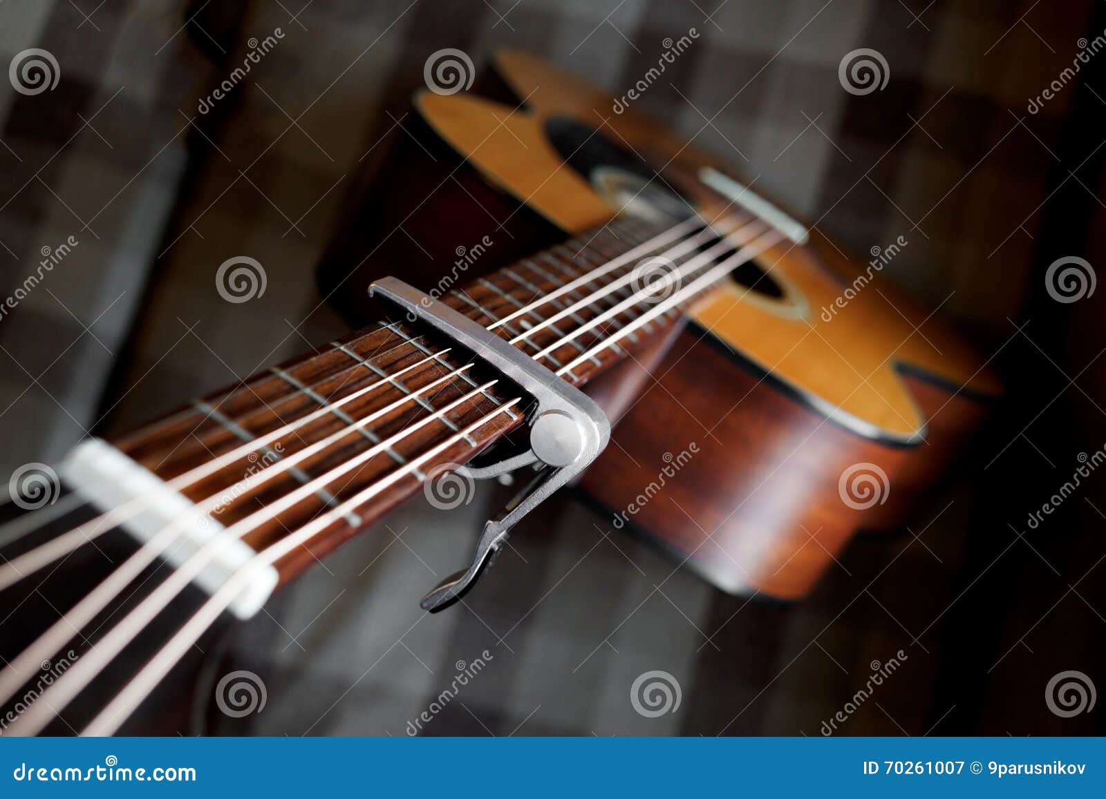 Acoustic Guitar Neck with a Capo Stock Image Image of musical, music