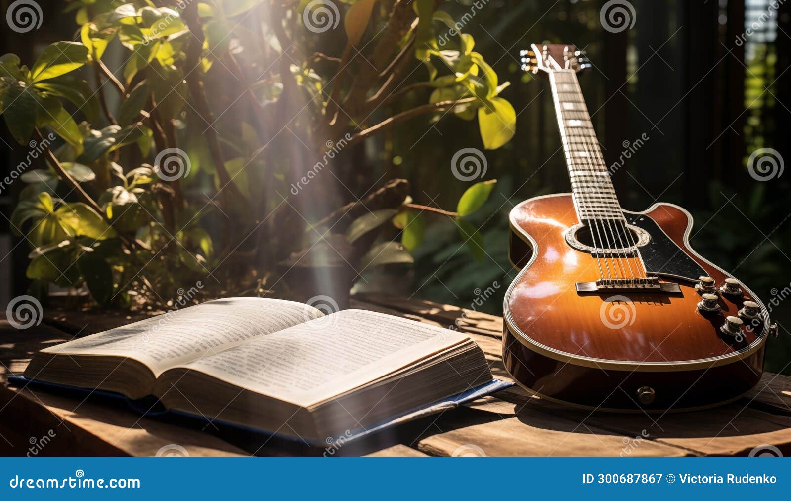 Acoustic Guitar and Open Book in Sunlight Stock Image Image of