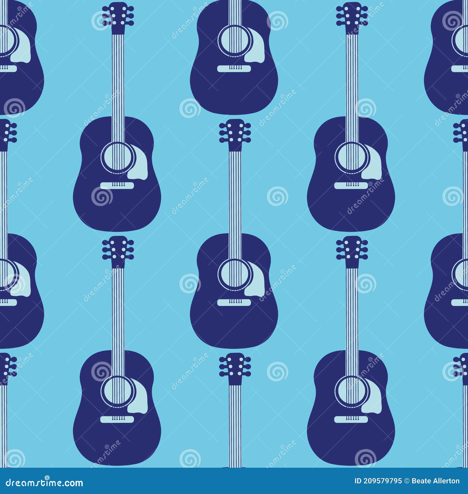 Acoustic Guitar Vector Seamless Pattern Background. Dark and Light Blue