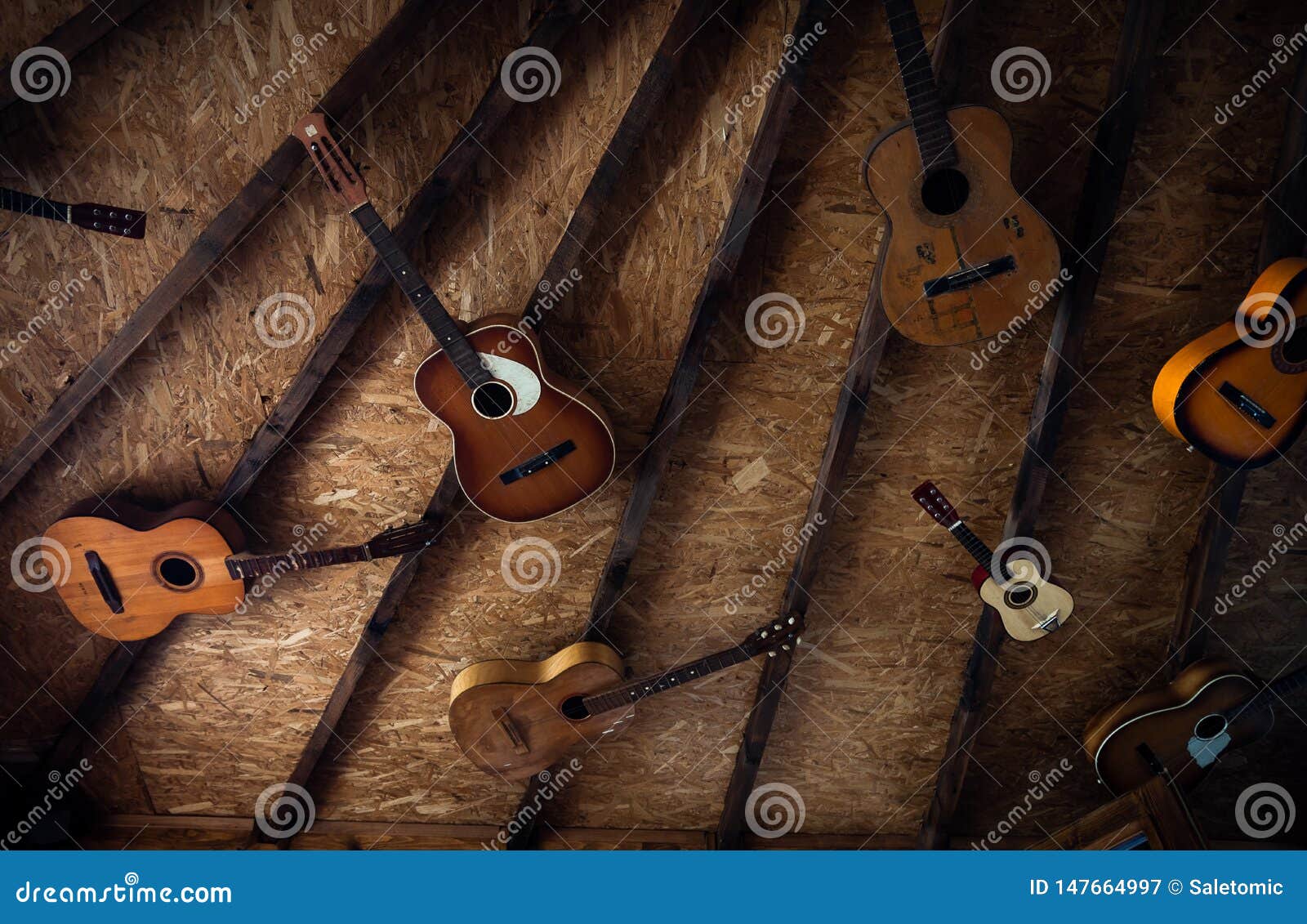 Acoustic Guitars Hanging from the Ceiling Stock Image Image of