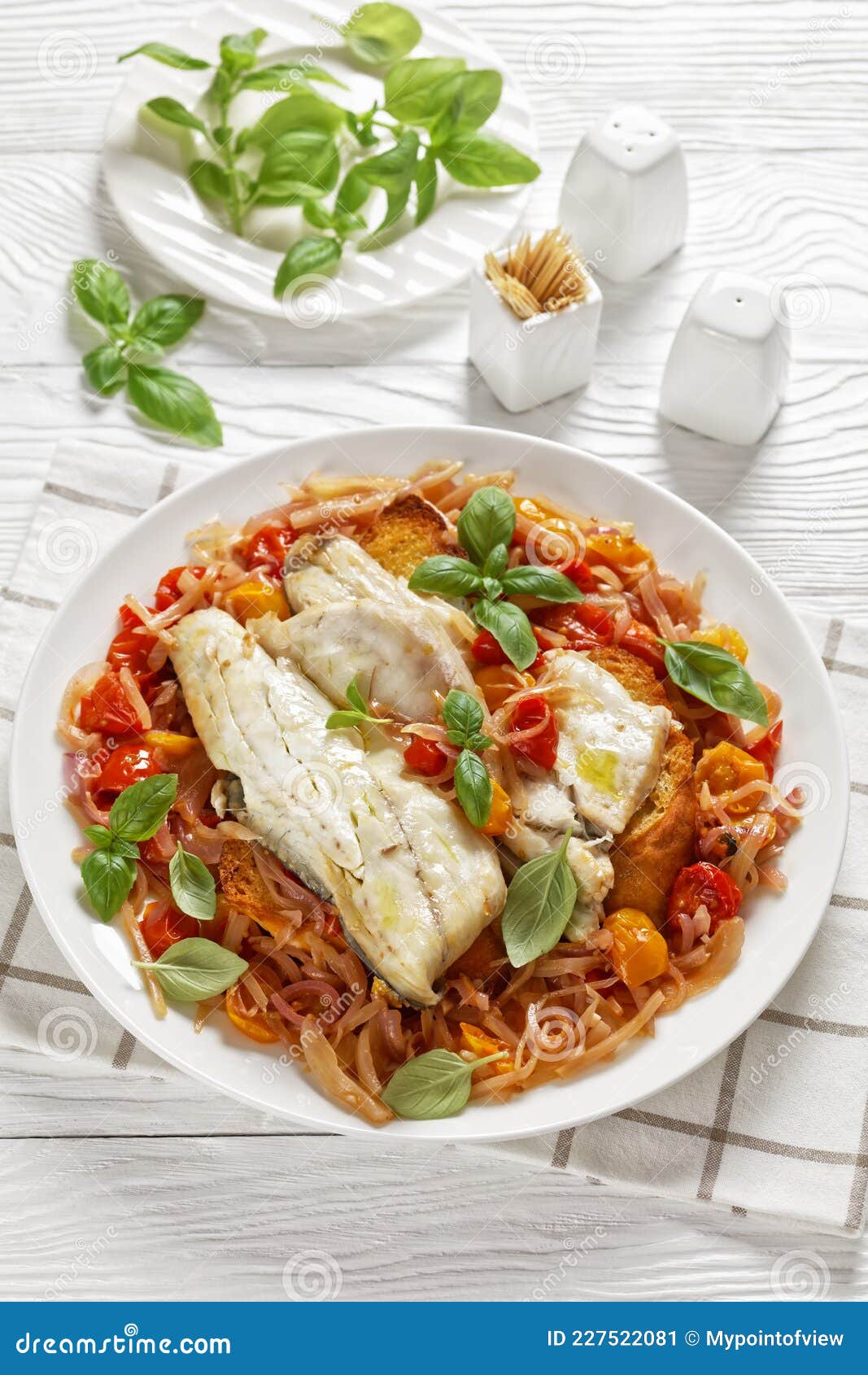 acqua pazza, italian poached fish, top view