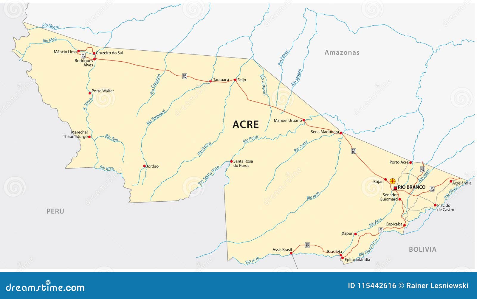 Acre Road Vector Map, Brazil Stock Vector Illustration of border