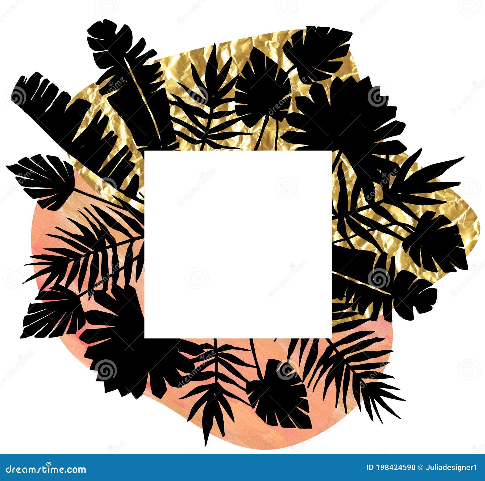 acrillic hand drawn premade card with black tropical palm leaves shilouette. white frame copy space mockup