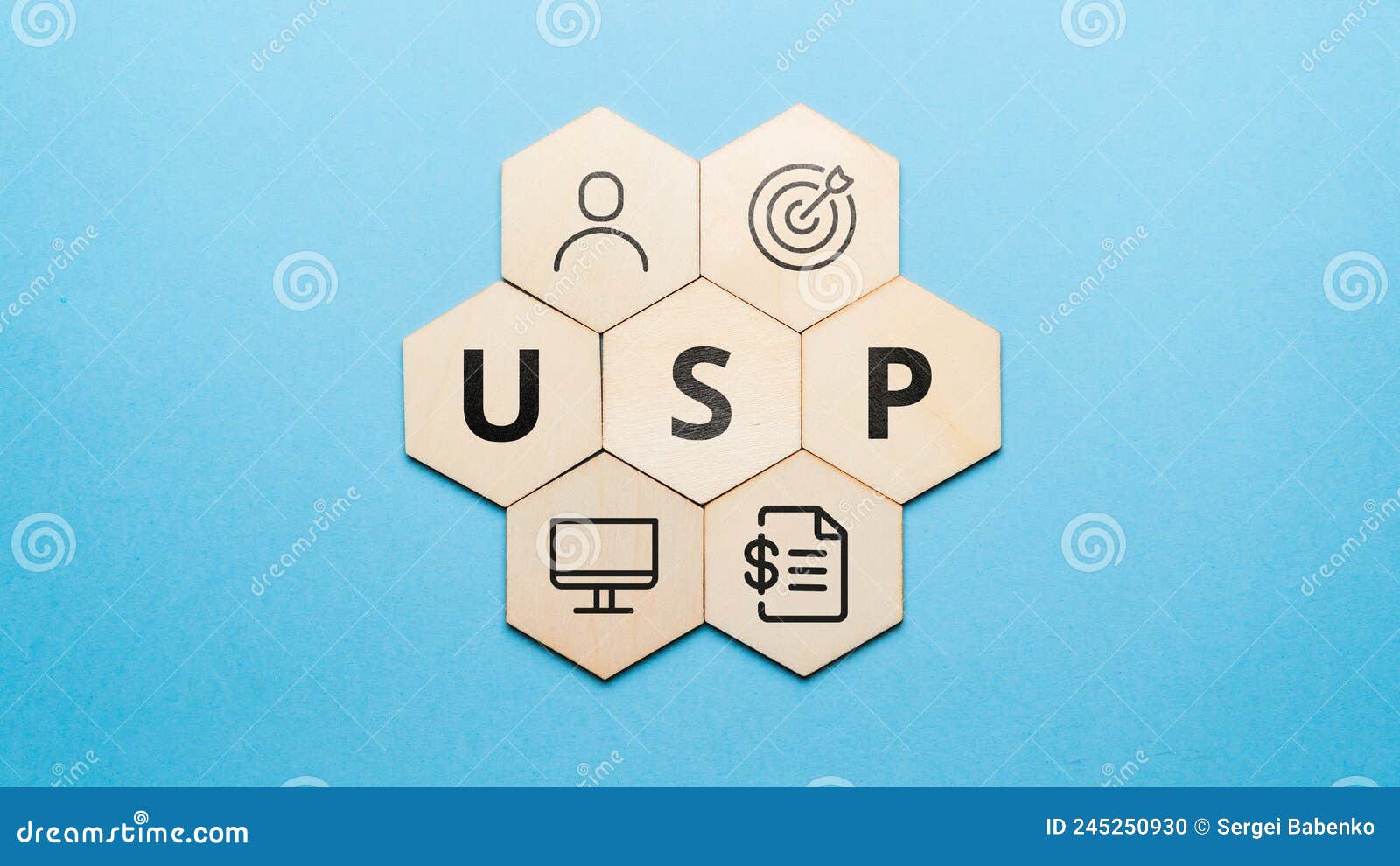 acronym usp or unique selling proposition. abstract icons and text on wooden forms