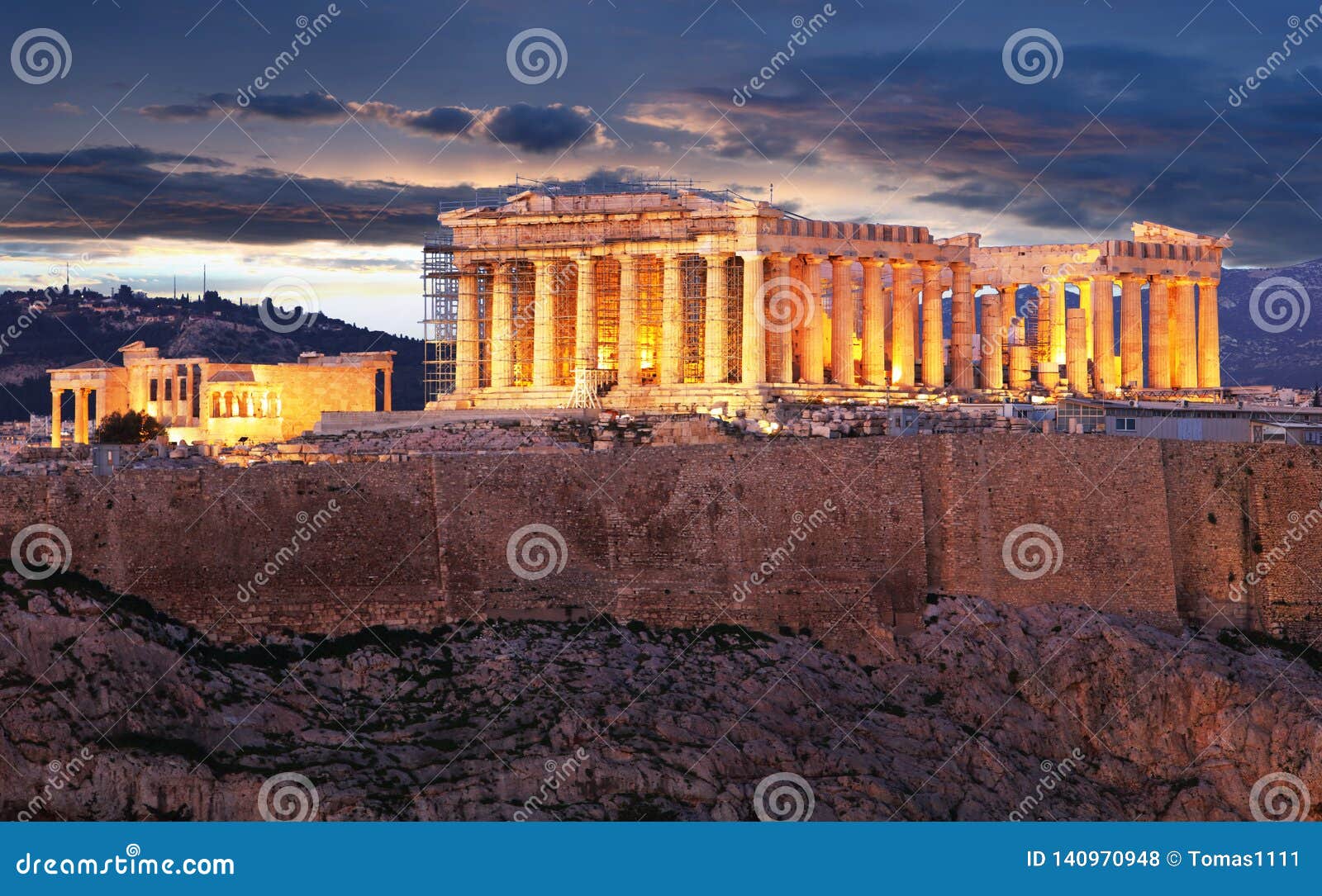 Acropolis Parthenon Of Athens At Dusk Time Greece Stock Photo