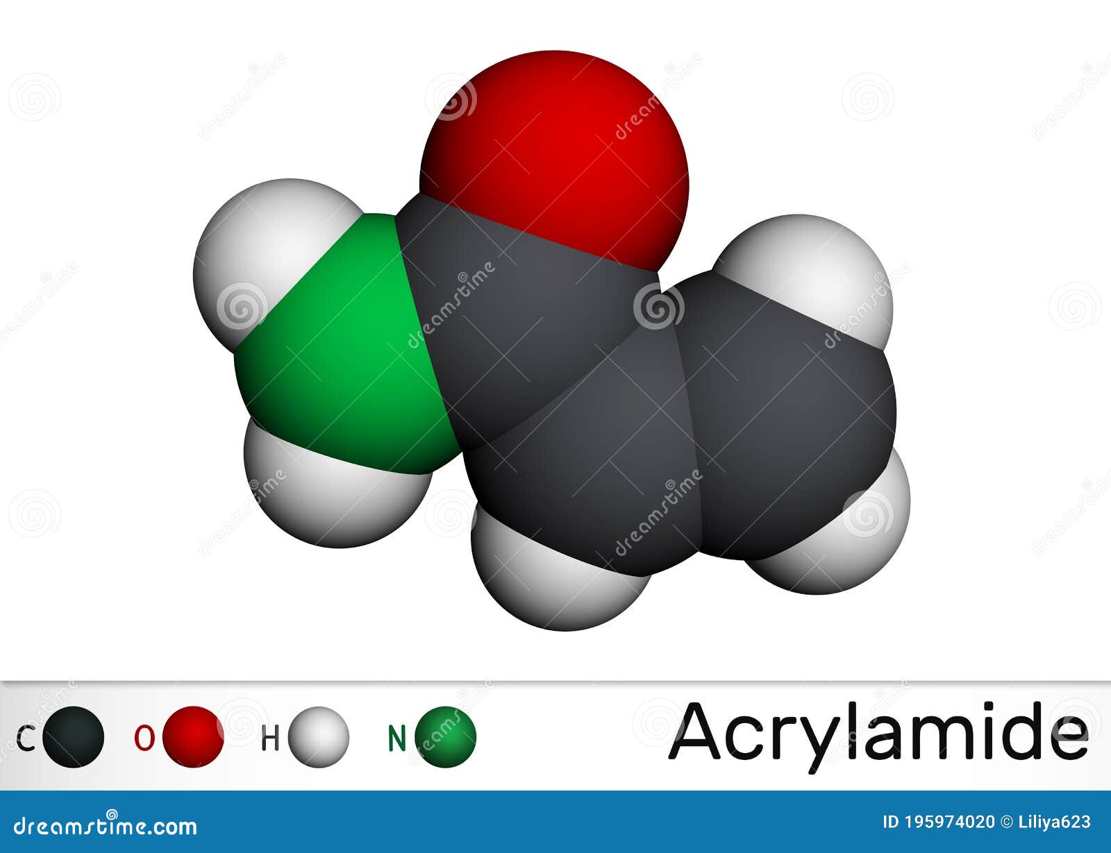 acrylamide, acr, acrylic amide molecule. it is as a precursor to polyacrylamides. molecular model
