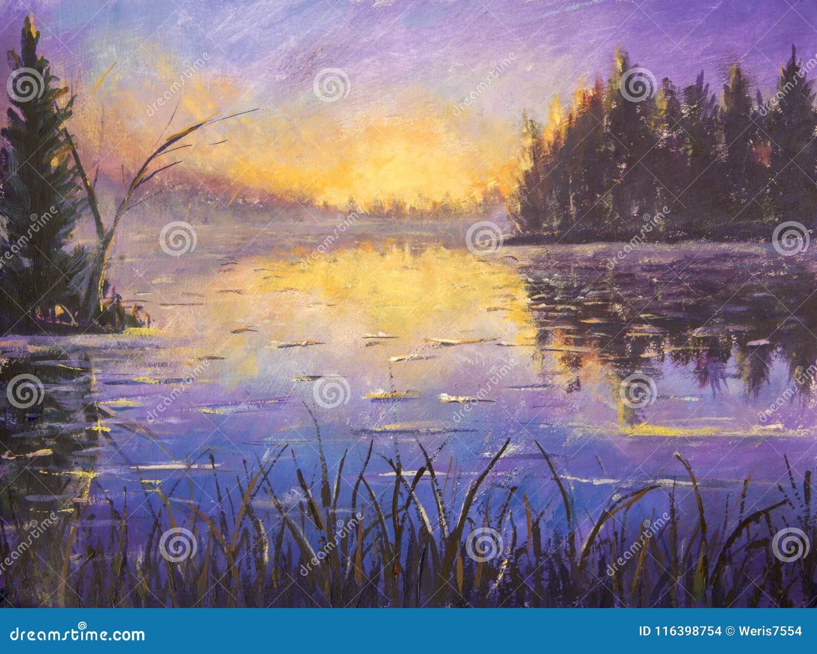 Lake Sunset Painting, Blue Landscape Watercolor Painting, Or