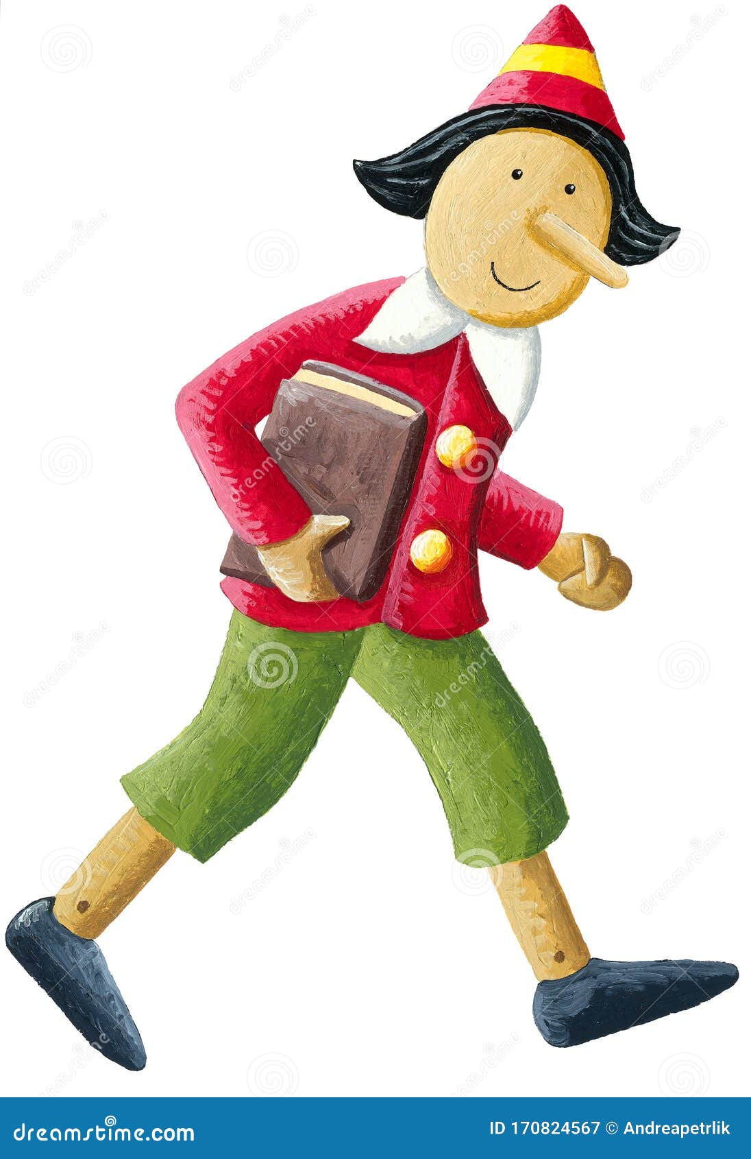 a cute pinocchio carries a book under his arm and goes to school