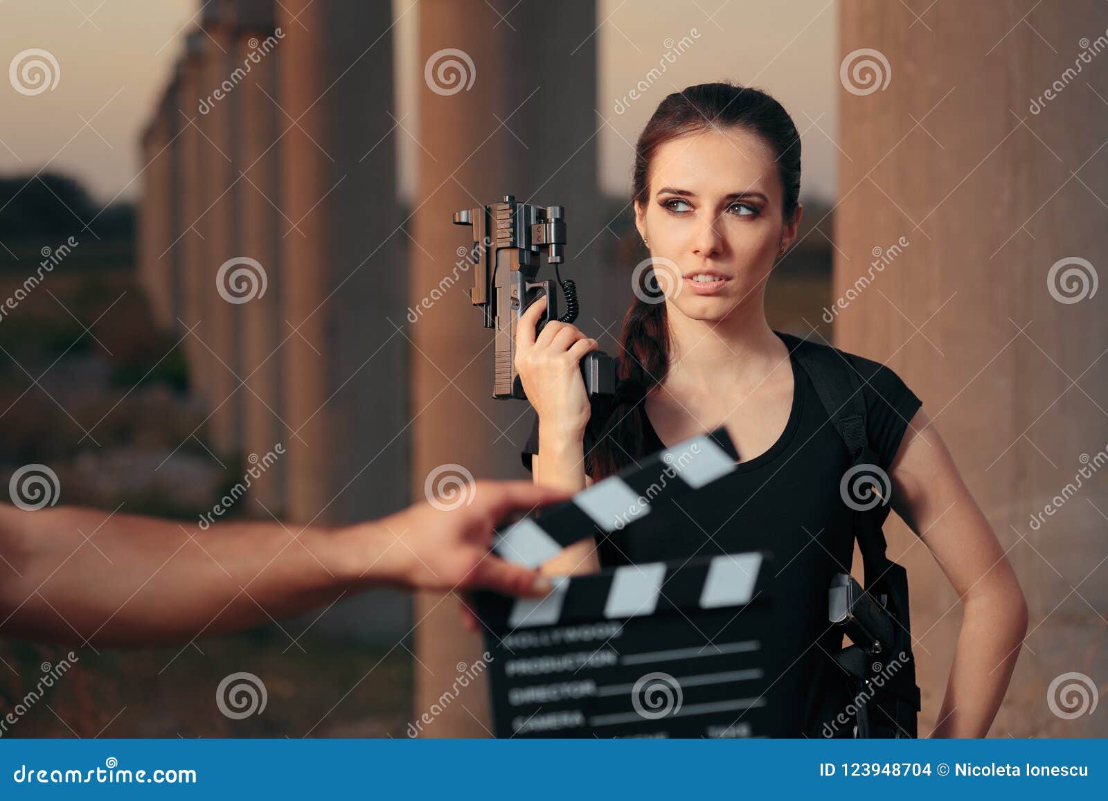 Action Female Superhero Actress Movie Star Shooting Scene Stock Photo Image Of Character Force 123948704