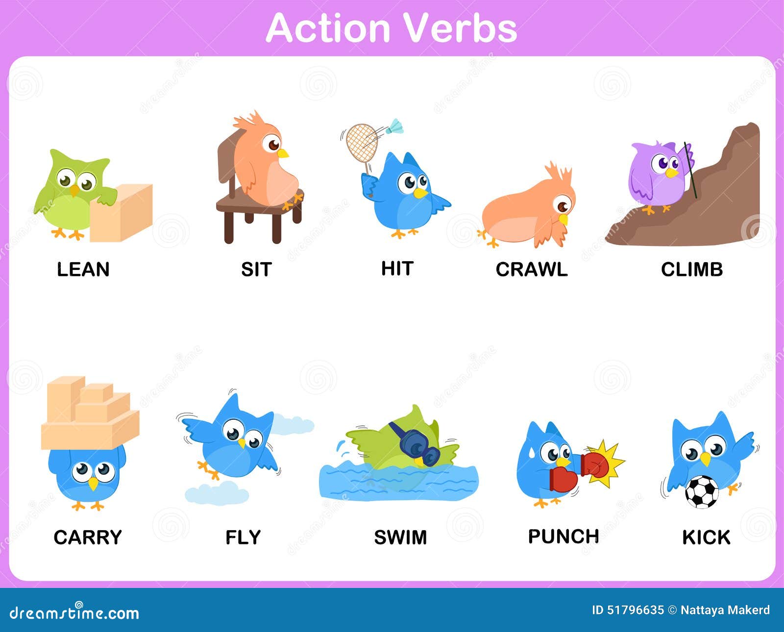 Action Verbs Picture Dictionary (Activity) For Kids Stock Vector