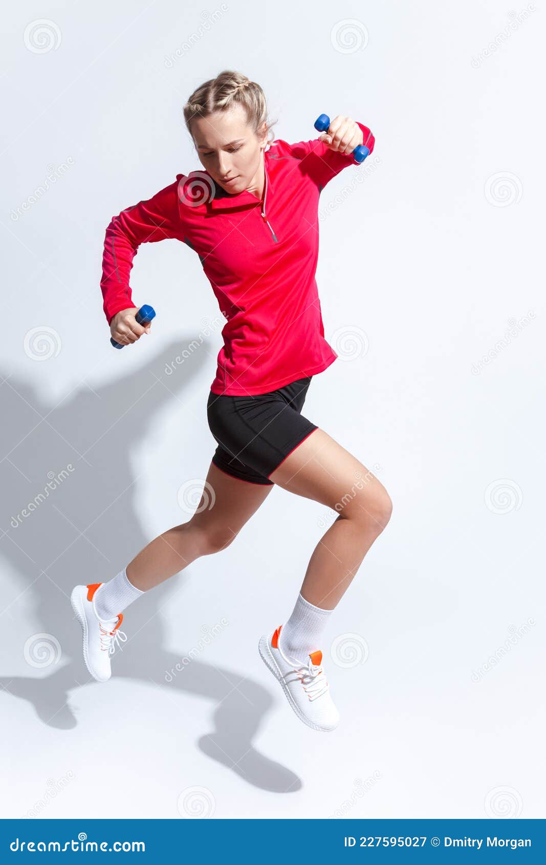 Active Caucasian Female in Red Long Sleeve Jersey and Jogging Outfit  Jumping with Barbells on White Stock Image - Image of inside, portrait:  227595027