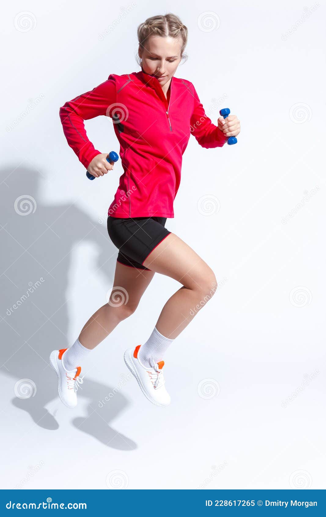 Active Female in Red Long Sleeve Jersey and Jogging Outfit Jumping with  Barbells on White Stock Image - Image of isolated, activity: 228617265