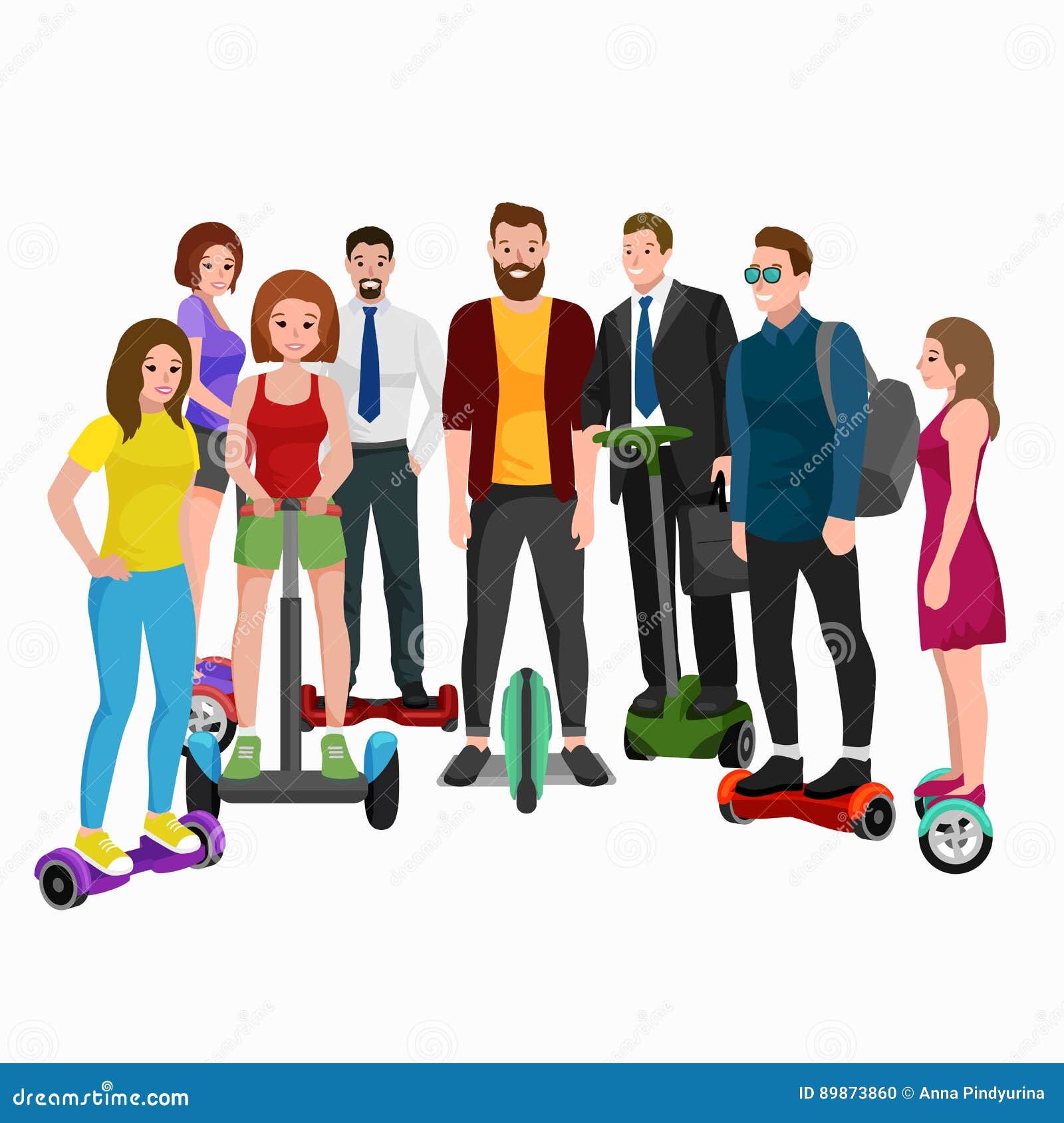 active peoples fun with electric scooter, family on new modern technology hoverboard, man woman and child self balance