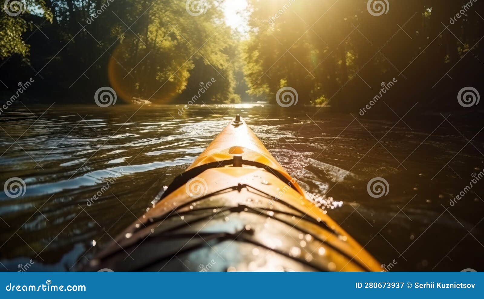 Active Rest, Tourism. Kayak Floats on River in Rays of Sun. AI