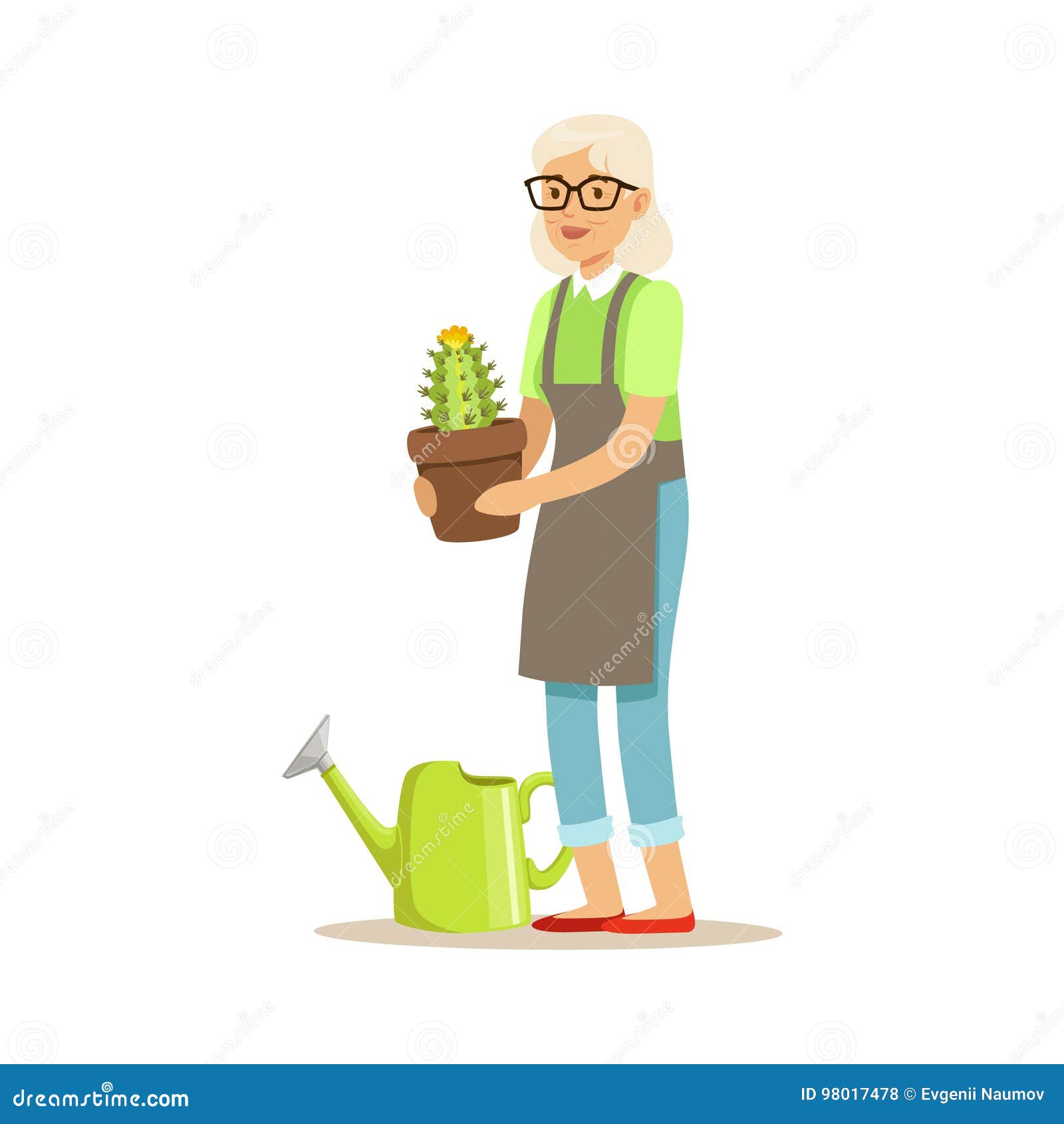 Active Senior Woman Planting Cactus in a Pot Colorful Character Vector ...