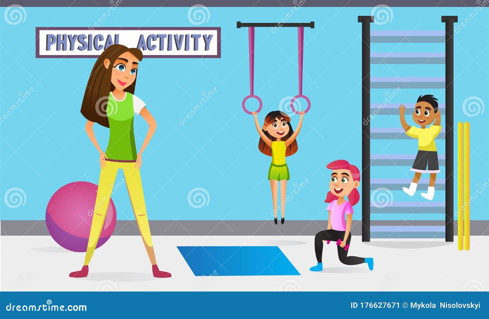 Actividad Física Para Niños Pequeños Con Profesor Stock de ilustración -  Ilustración de actividad, cabritos: 176627671