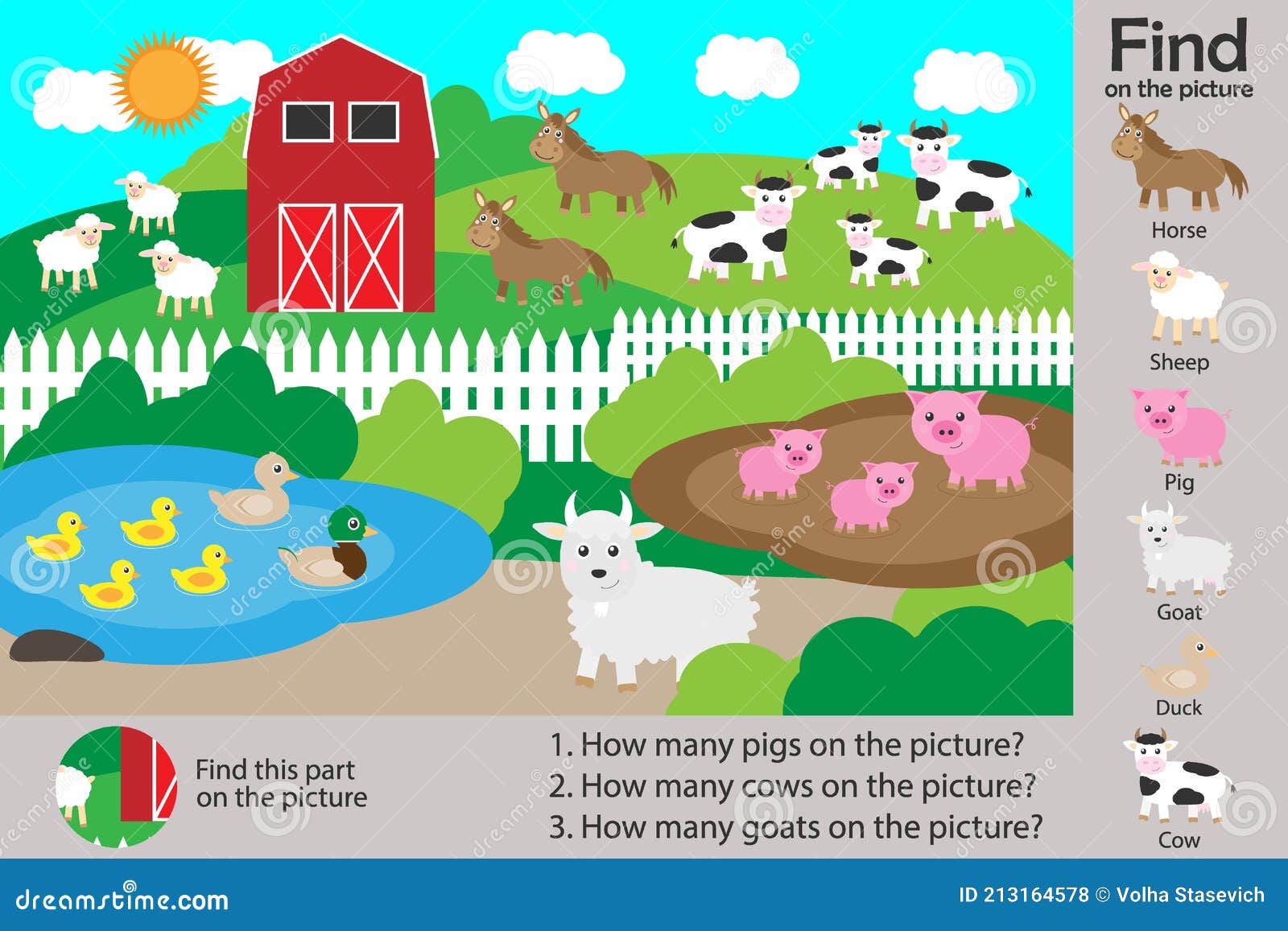 Activity Page, Farm with Animals in Cartoon Style, Find Images and Answer  the Questions, Visual Education Game for the Development Stock Illustration  - Illustration of game, print: 213164578