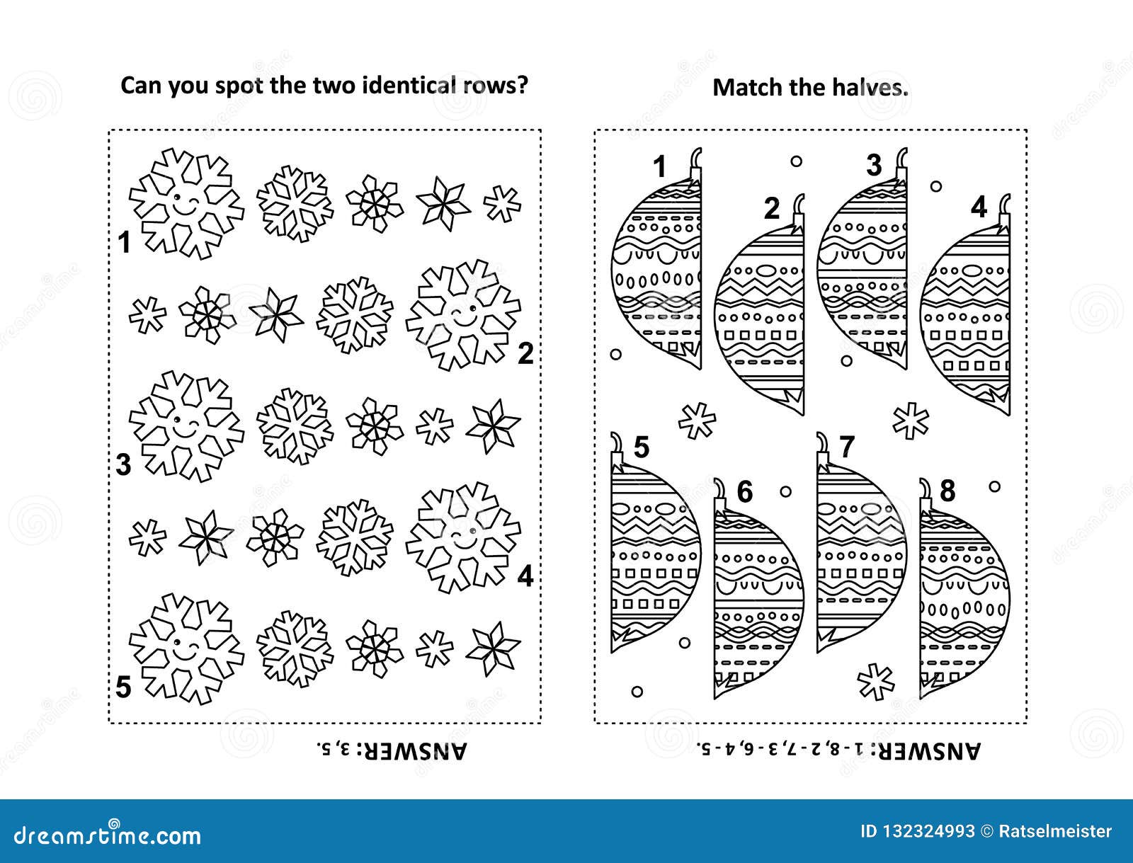 activity page for kids with puzzles and coloring - snowflakes rows, halves of ornaments