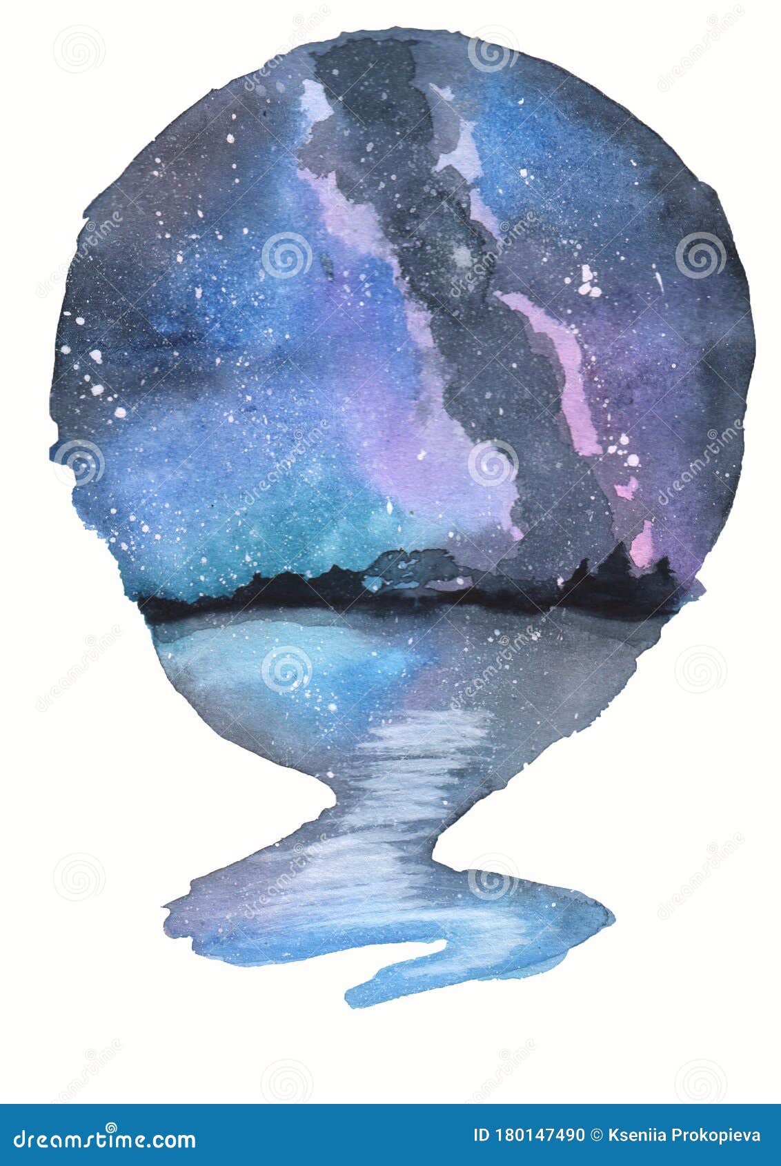 Acuarela Arte Noche Cielo Estrellas Lago Bajo Las Estrellas Galaxias  Plantas De Dibujo Redondo Foto de archivo - Imagen de estrellado, mancha:  180147490