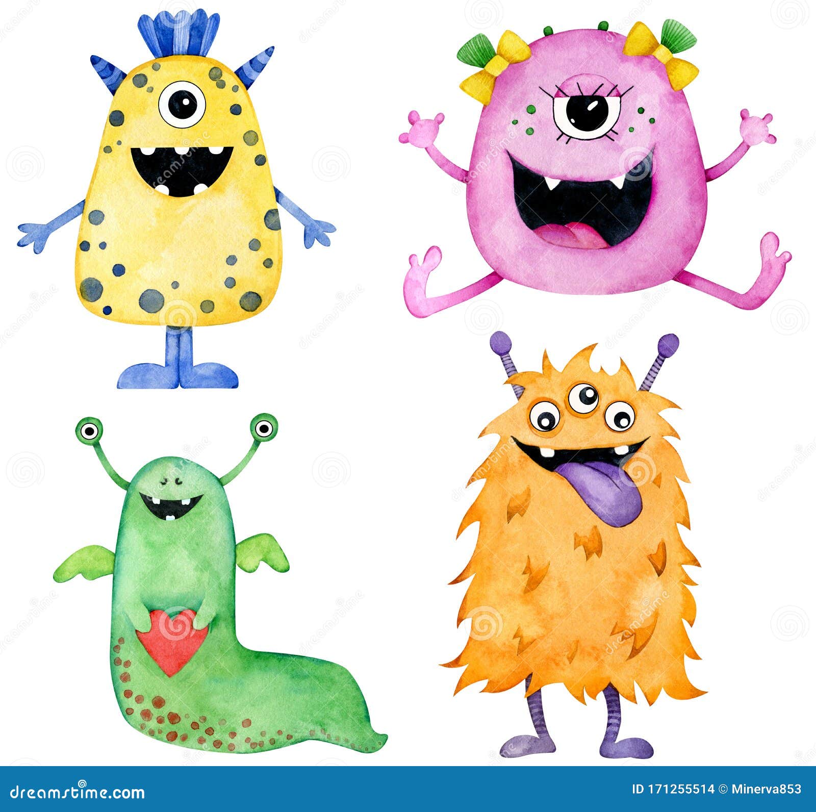 Acuarela Cuatro Monstruos Sonrientes Coloridos Personajes Animados  Amarillos, Rosas, Verdes Y Anaranjados Stock de ilustración - Ilustración  de azul, mullido: 171255514