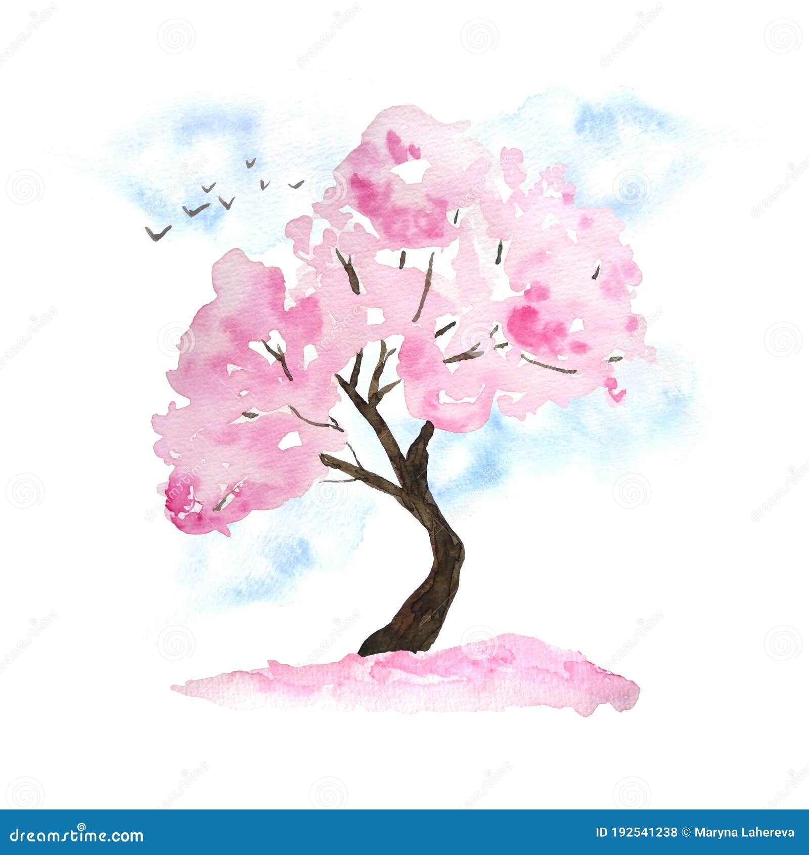 Acuarela Dibujo a Mano Ilustración De Diseño Del árbol De Sakura De Cerezo  Rosa En Flor Flor Flores Pájaros Cielo Caídos Pétalos Foto de archivo -  Imagen de planta, tokio: 192541238