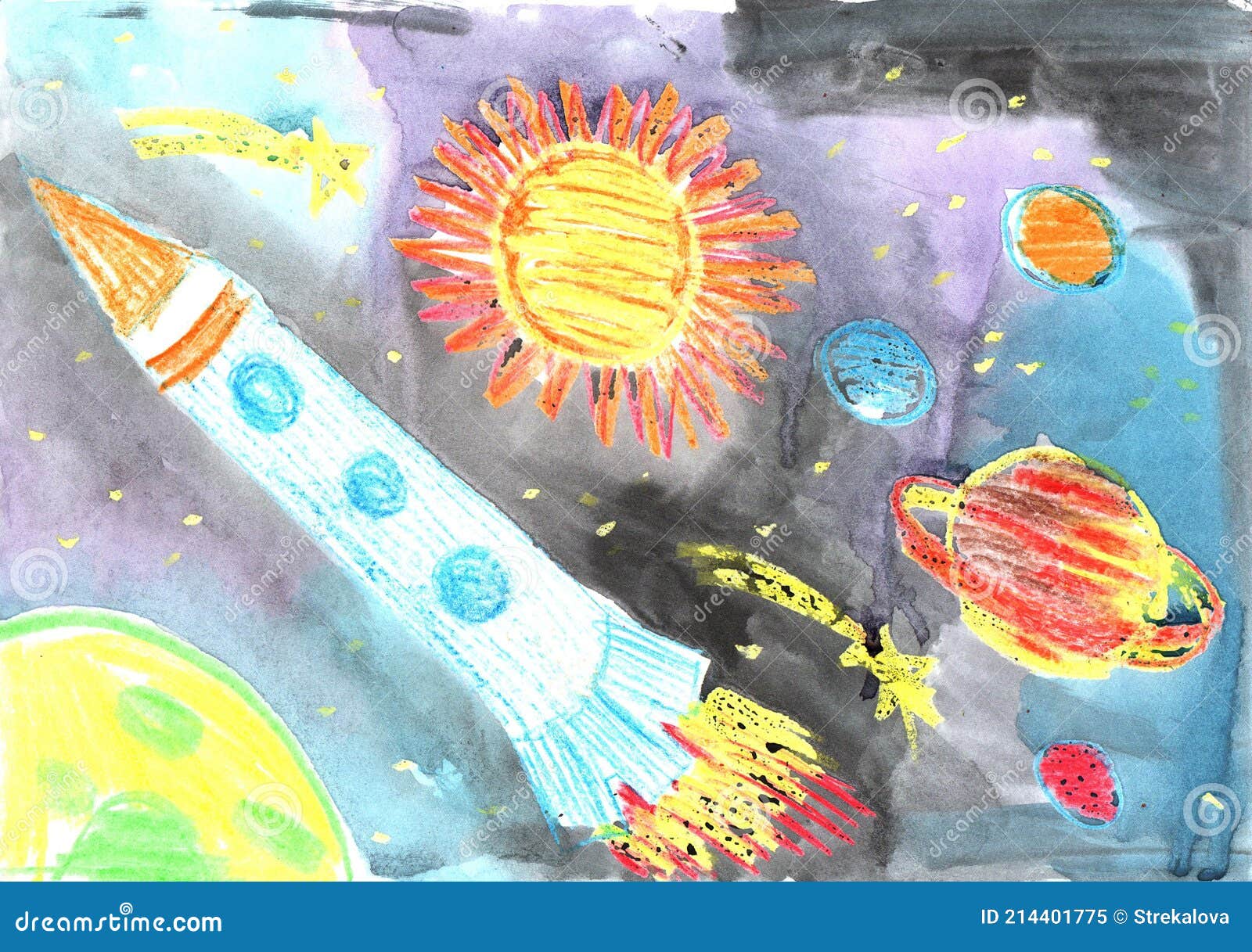 Acuarela Niños Dibujo Espacio Planeta Cohete Stock de ilustración -  Ilustración de nave, marte: 214401775