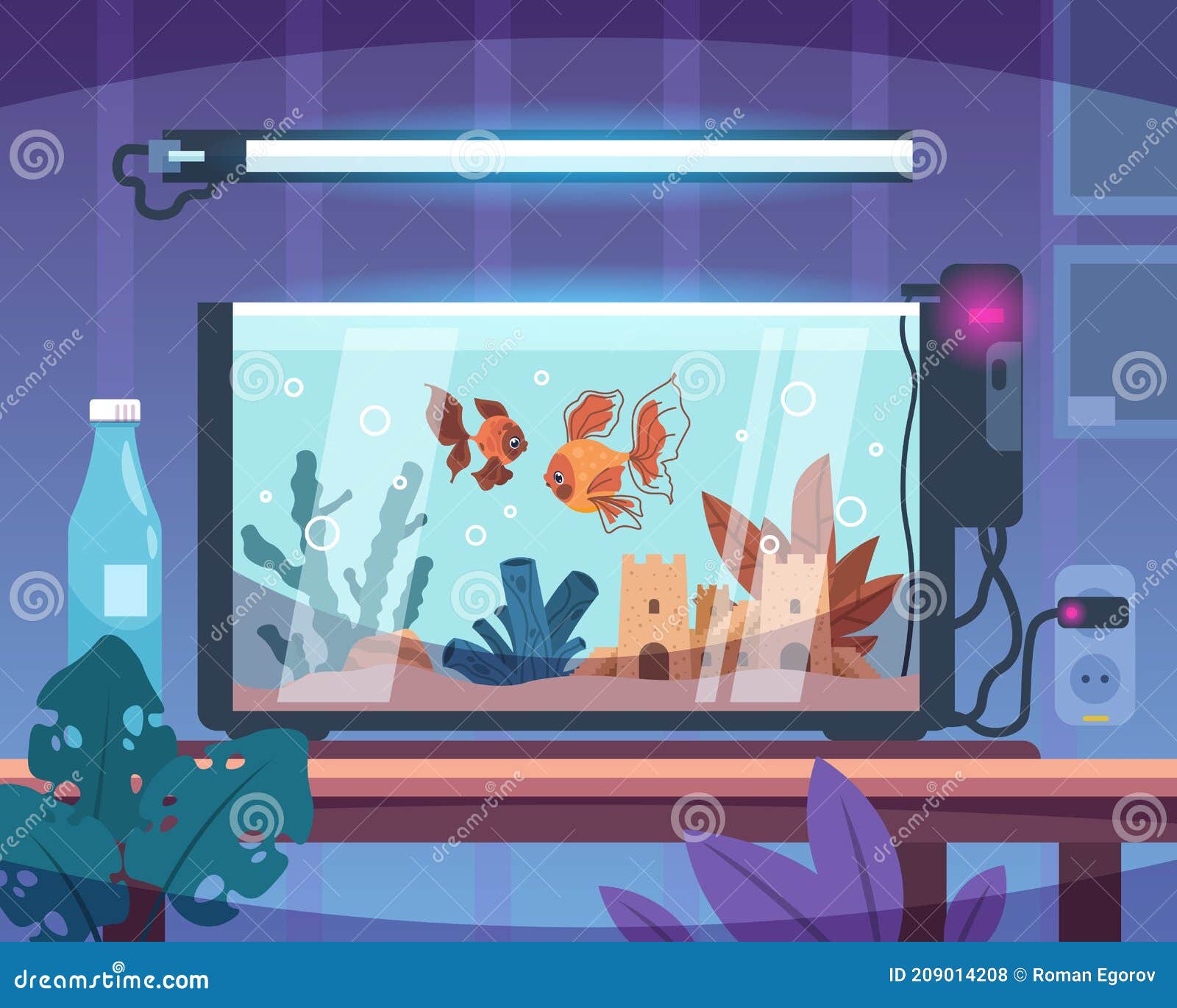 Acuario De Dibujos Animados. Interior. Tanque De Vidrio Con Agua Y Arena  Sobre La Mesa. Condiciones De Vida Para Los Peces De Colo Ilustración del  Vector - Ilustración de interior, algas: 209014208