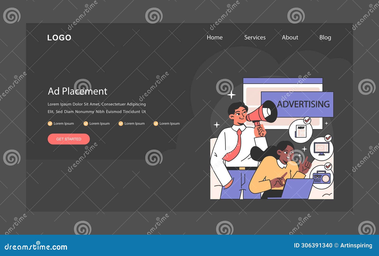 ad placement process captured with marketers strategizing and executing