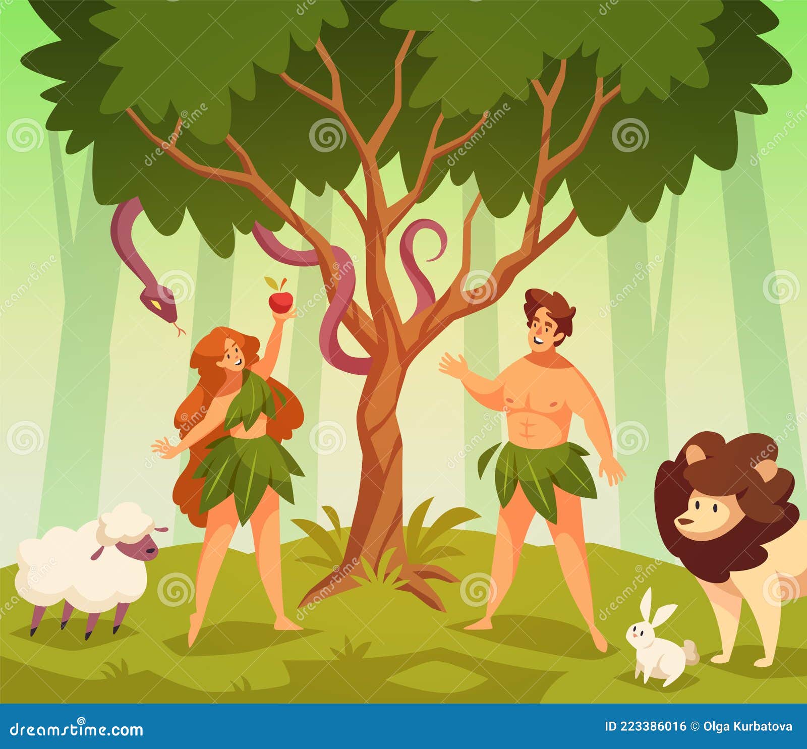 adam and eve. bible story scene first man and woman in garden eden, knowledge good and evil, snake of temptation and
