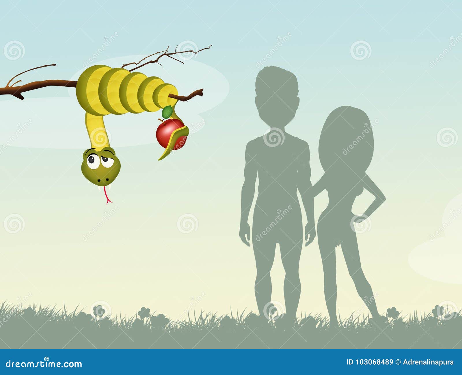 Adam And Eve Looking At A Snake On A Tree Bearing Dollar 