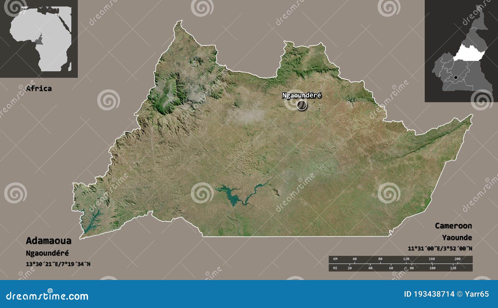 Adamaoua Region Of Cameroon Previews Satellite Stock Illustration Adamaoua Region Cameroon Previews Satellite Shape Its Capital Distance Scale Labels Imagery D Rendering 193438714