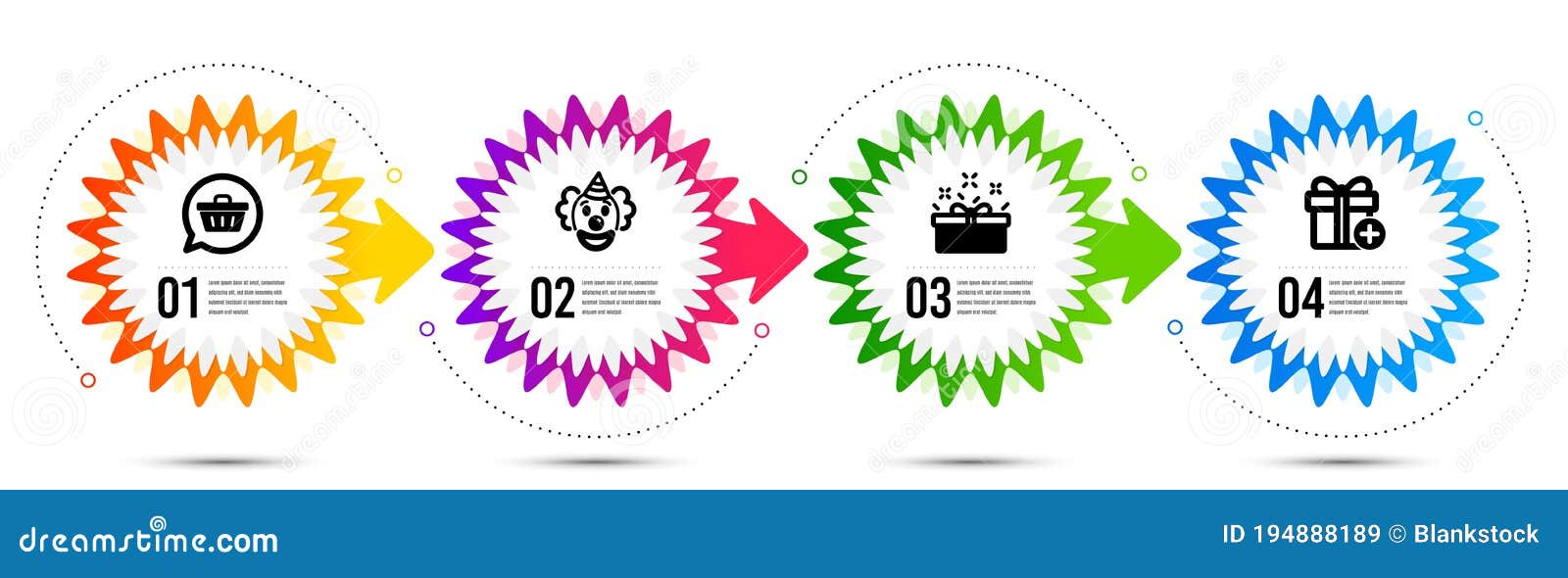 add gift, clown and present box icons set. shopping cart sign. present box, funny performance, sale offer. 