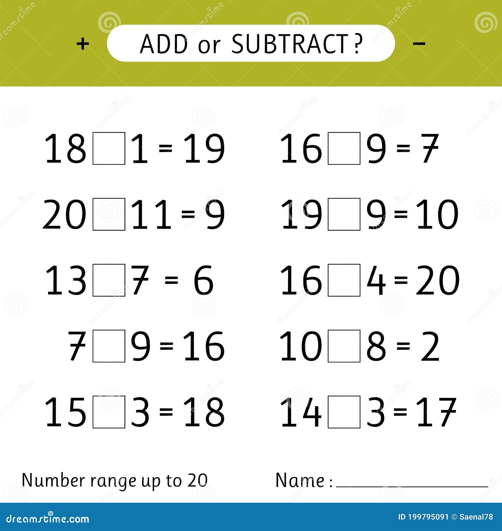Add Or Subtract Number Range Up To Mathematical Exercises Worksheet For Kids Addition And Subtraction Stock Vector Illustration Of Cute Calculation