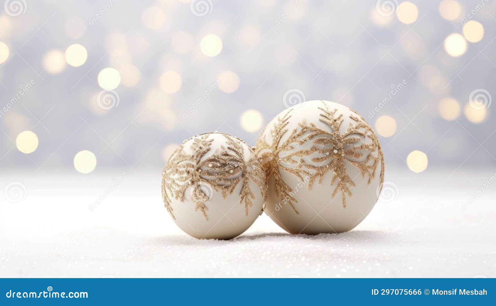 shimmering splendor: two golden christmas ornaments on a snowy white background
