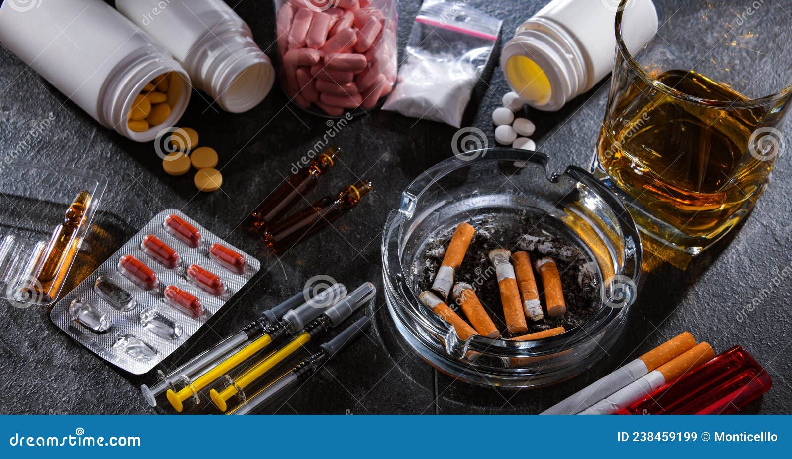 Addictive Substances Including Alcohol Cigarettes And Drugs Stock addictive-substances-including-alcohol-cigarettes-and-drugs-stock
